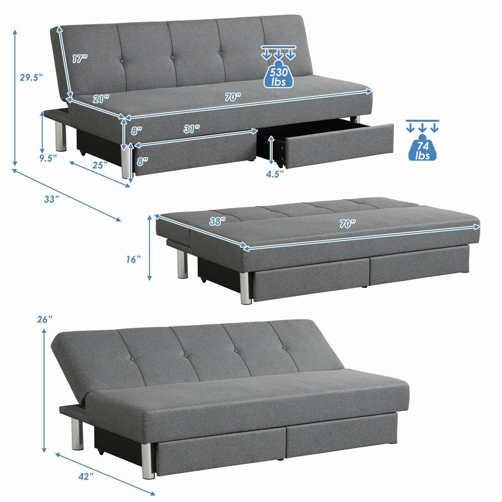 3-Seat Convertible Sofa Bed,Long Sofa w/ 2 Large Drawers, Ergonomic Sleeper w/ 3 Adjustable Angles