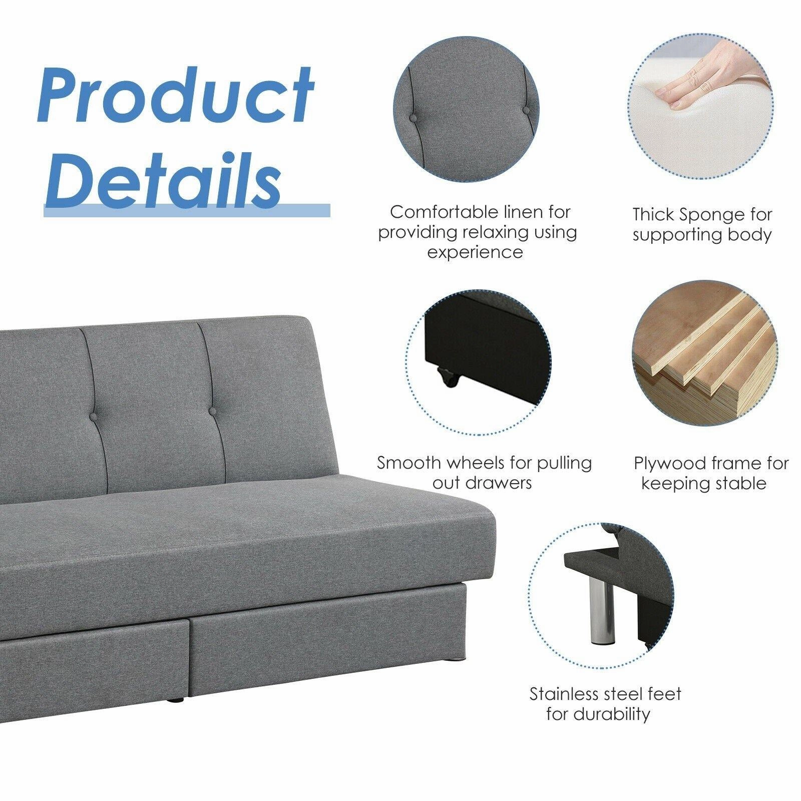 3-Seat Convertible Sofa Bed,Long Sofa w/ 2 Large Drawers, Ergonomic Sleeper w/ 3 Adjustable Angles