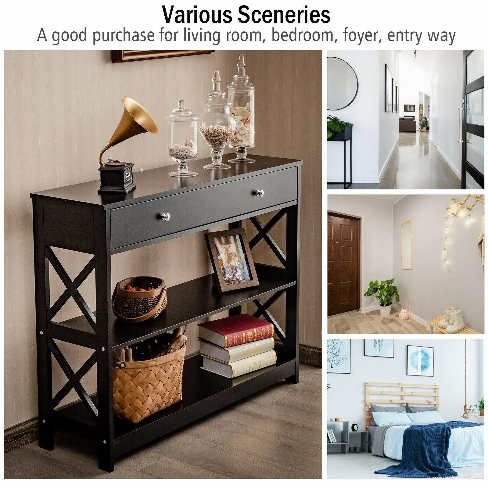3-Tier Console Table with Drawers