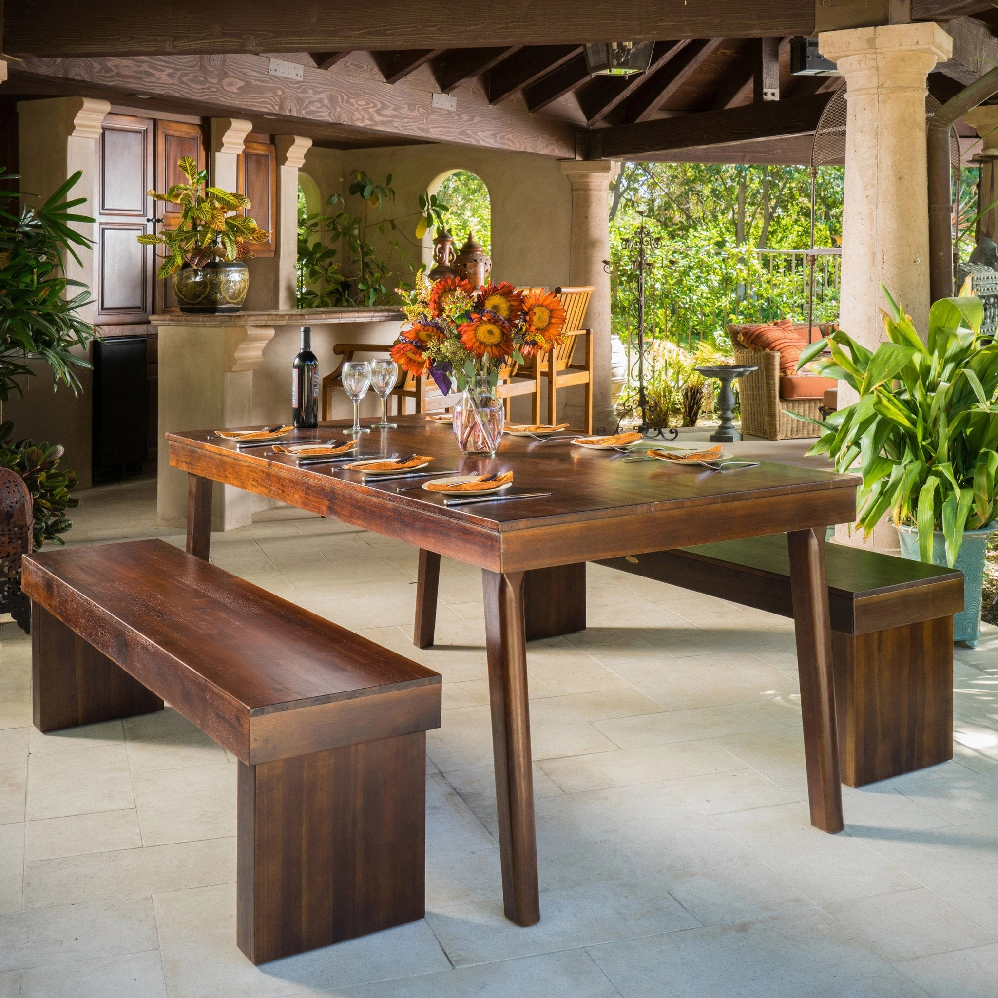 3pc Mahogany Stained Wood Table and Bench Dining Set - NH463592 kitchen accessories, table linens