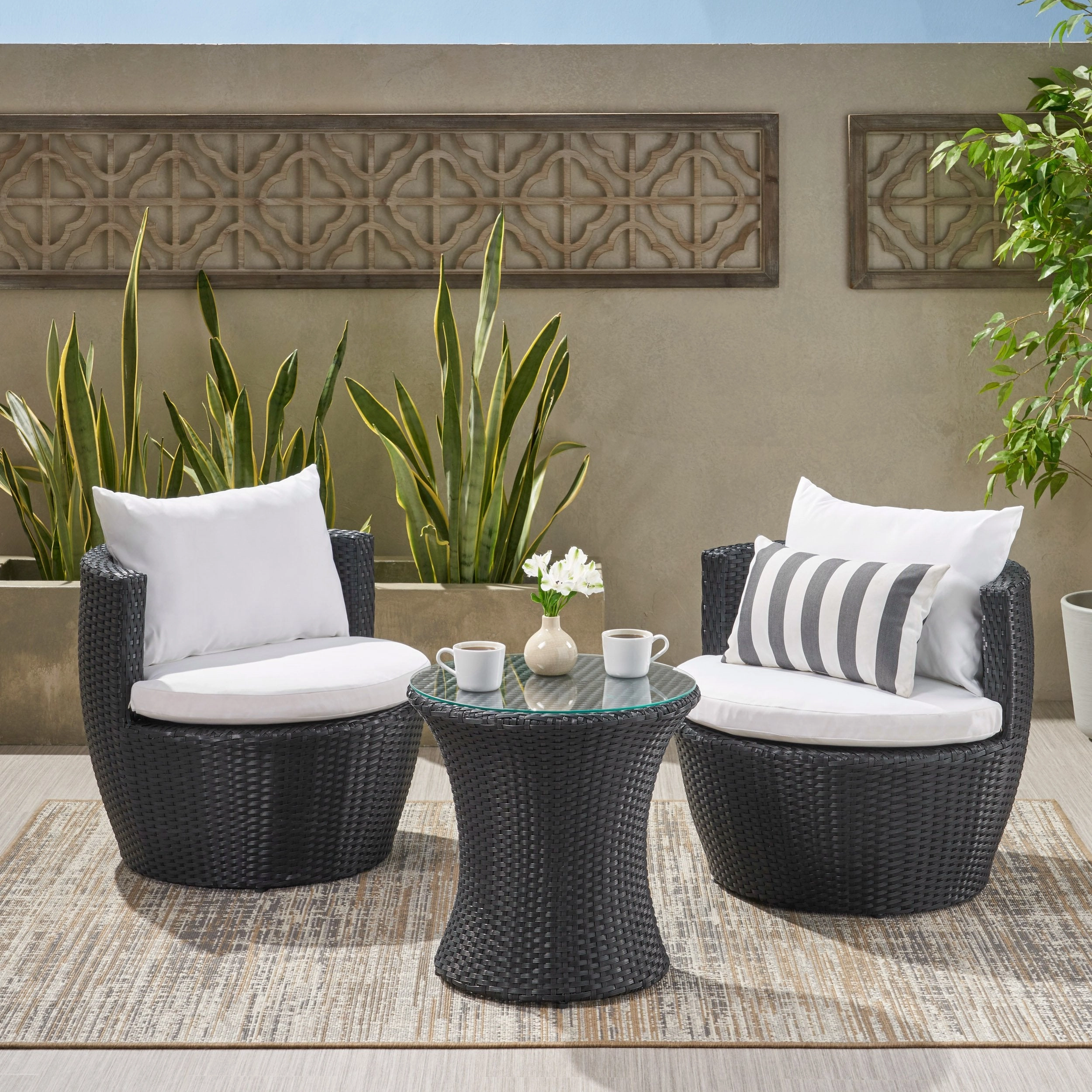 3pc Outdoor Black Wicker Chat Set - NH127632 outdoor furniture, garden bench