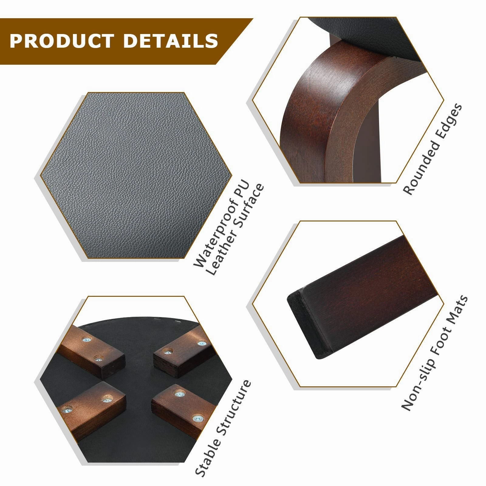 4-Pack Bentwood Stack Stools, 18.5-Inch Portable Stools with PU Leather Round Top, Non-Slip Foot Mats
