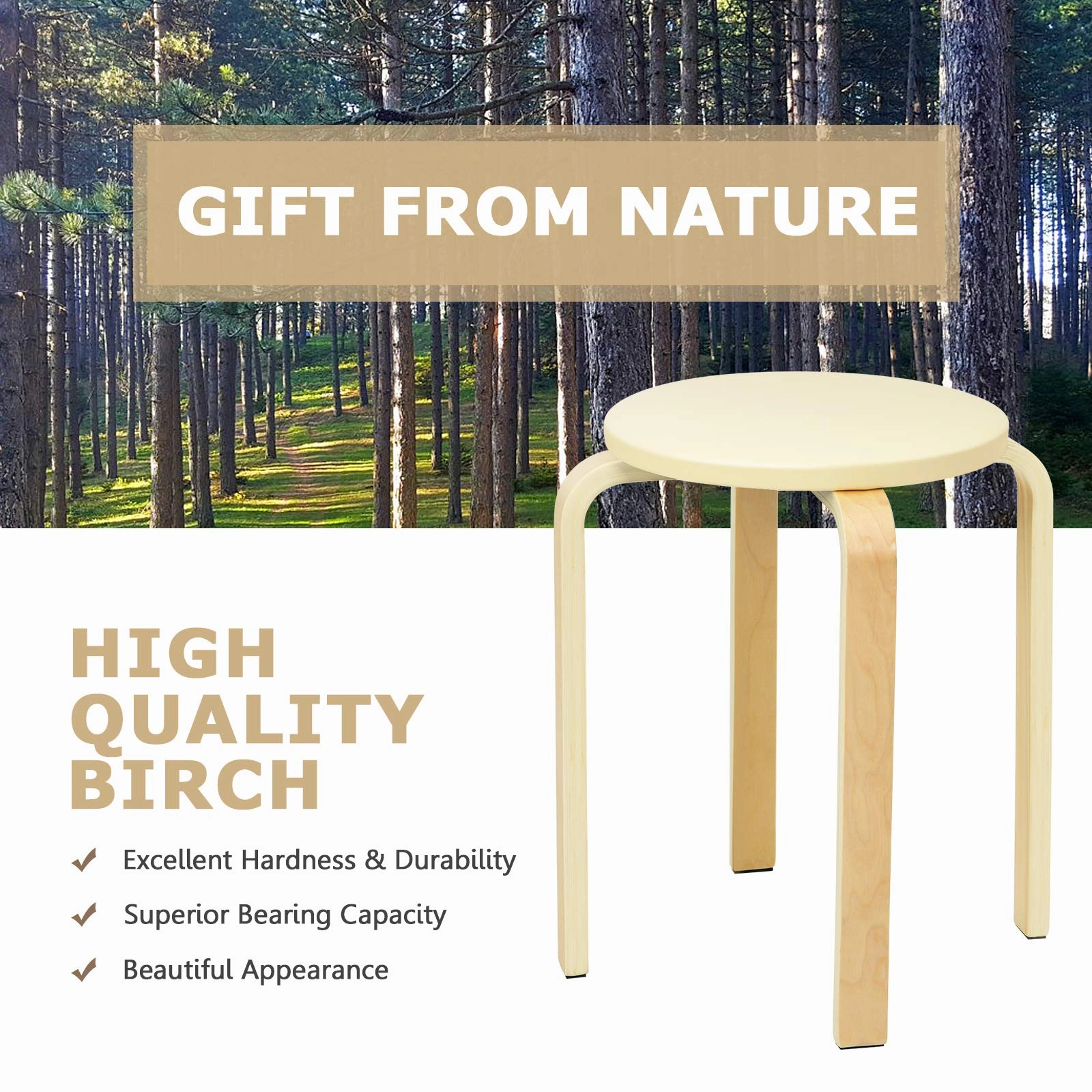 4-Pack Bentwood Stack Stools, 18.5-Inch Portable Stools with PU Leather Round Top, Non-Slip Foot Mats