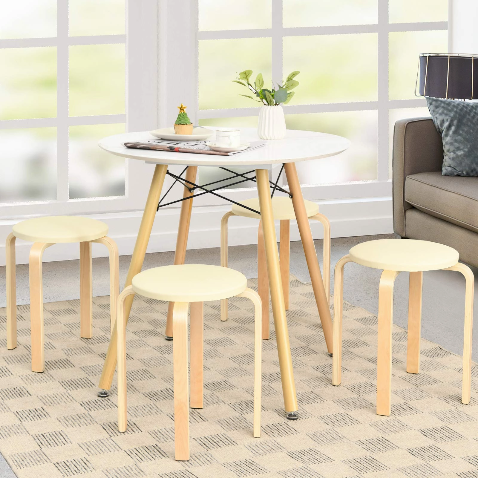 4-Pack Bentwood Stack Stools, 18.5-Inch Portable Stools with PU Leather Round Top, Non-Slip Foot Mats