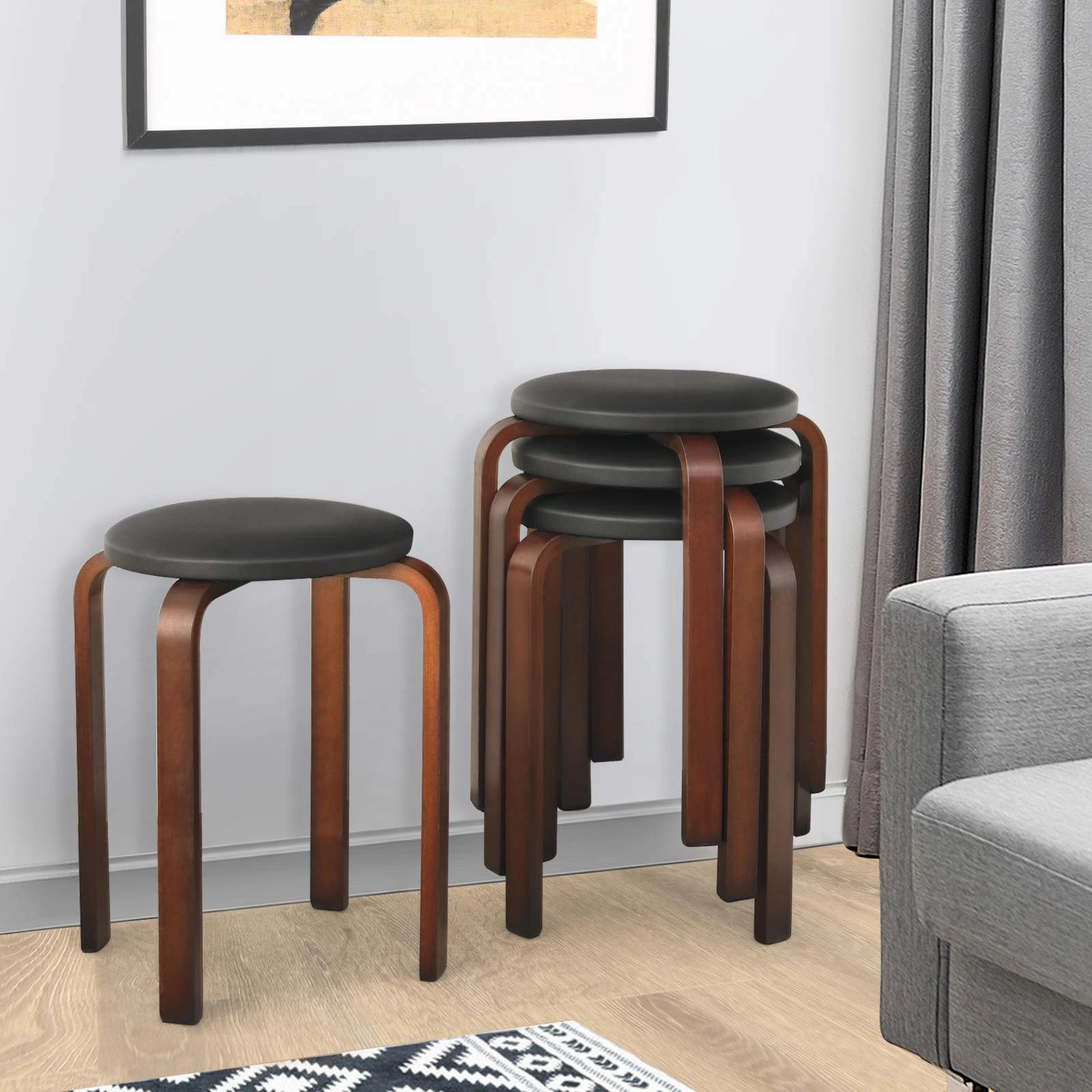 4-Pack Bentwood Stack Stools, 18.5-Inch Portable Stools with PU Leather Round Top, Non-Slip Foot Mats