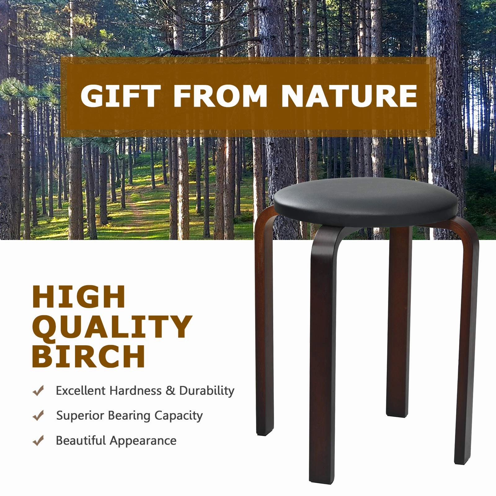 4-Pack Bentwood Stack Stools, 18.5-Inch Portable Stools with PU Leather Round Top, Non-Slip Foot Mats