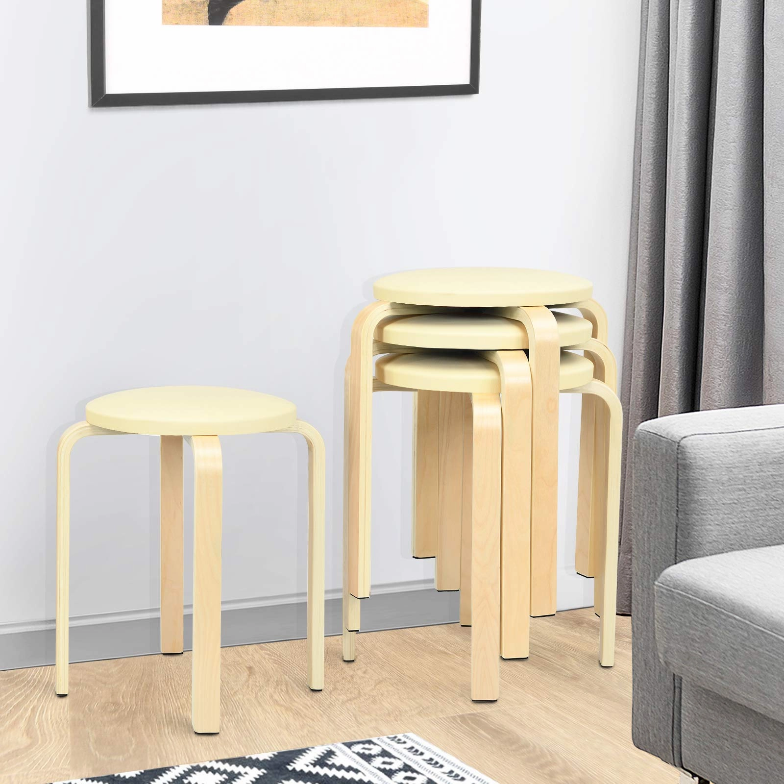 4-Pack Bentwood Stack Stools, 18.5-Inch Portable Stools with PU Leather Round Top, Non-Slip Foot Mats