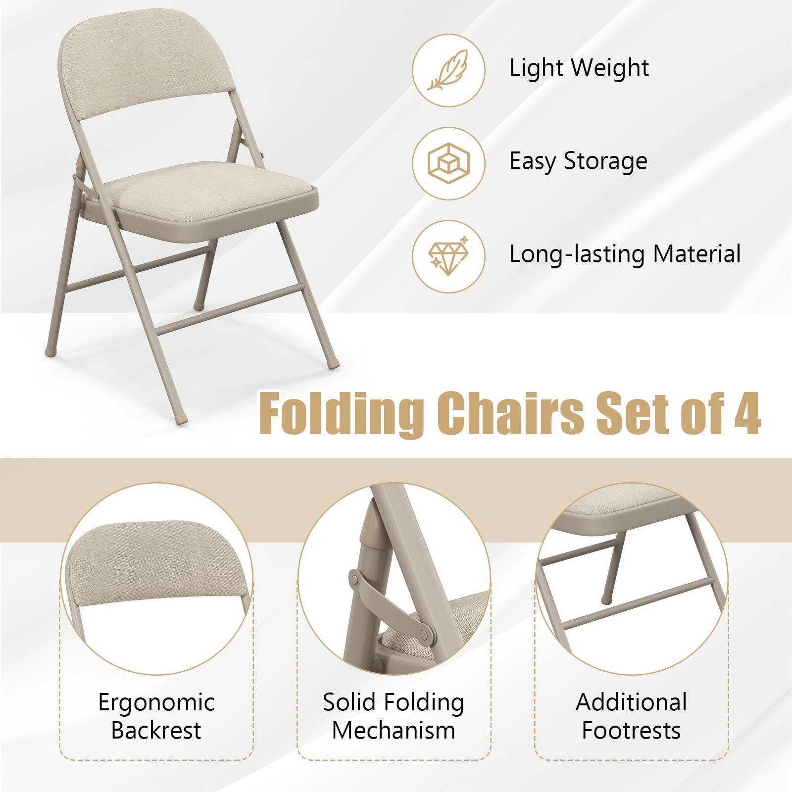 4-Pack Folding Chairs with Metal Frame and Fabric Upholstered Padded Seat