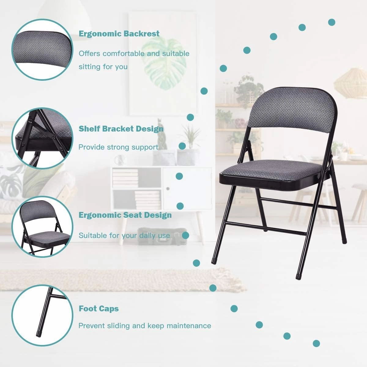 4-Pack Folding Chairs with Metal Frame and Fabric Upholstered Padded Seat