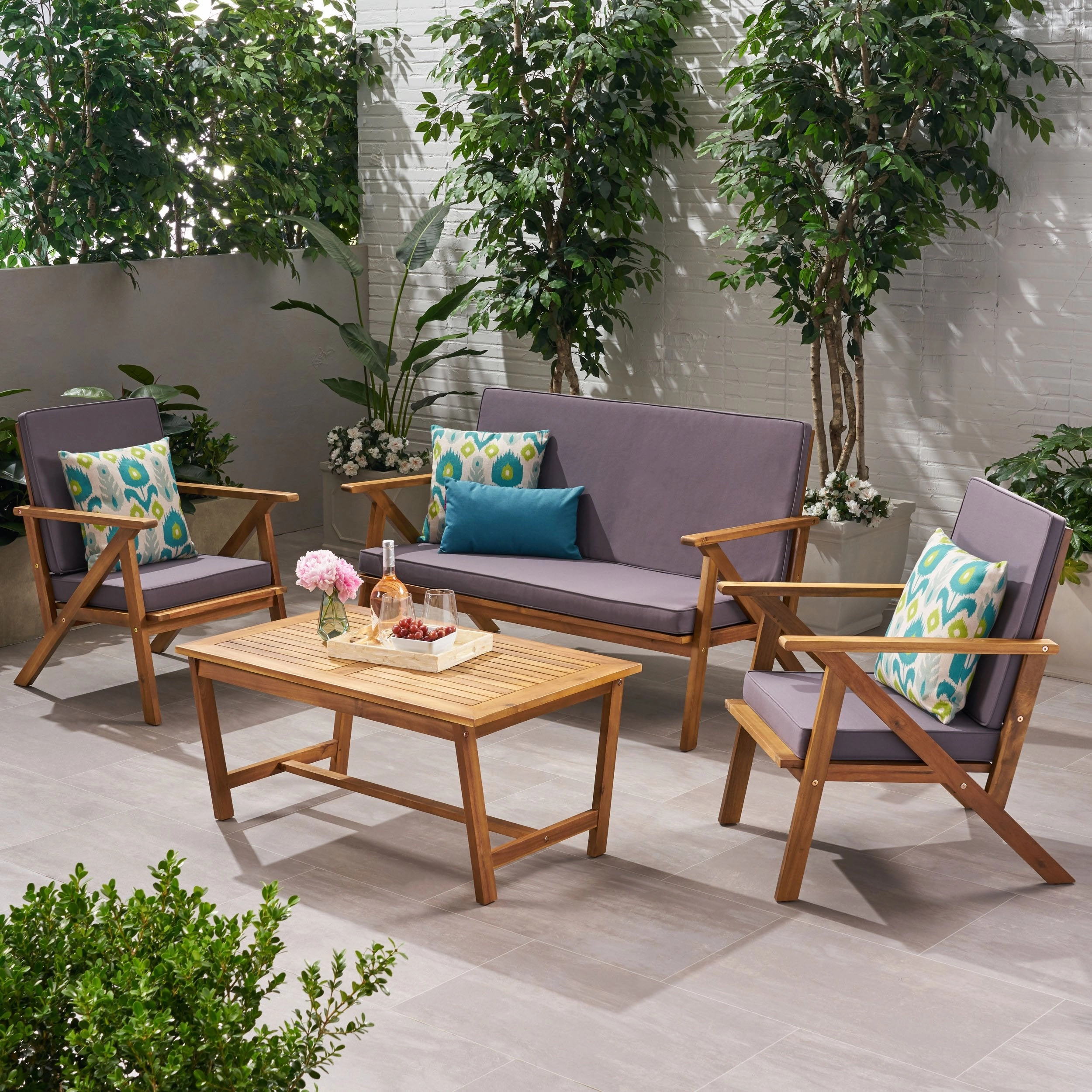 4 Pc Outdoor Natural Wood Finish Chat Set w/ Water Resistant Cushion - NH152003 outdoor furniture, garden bench