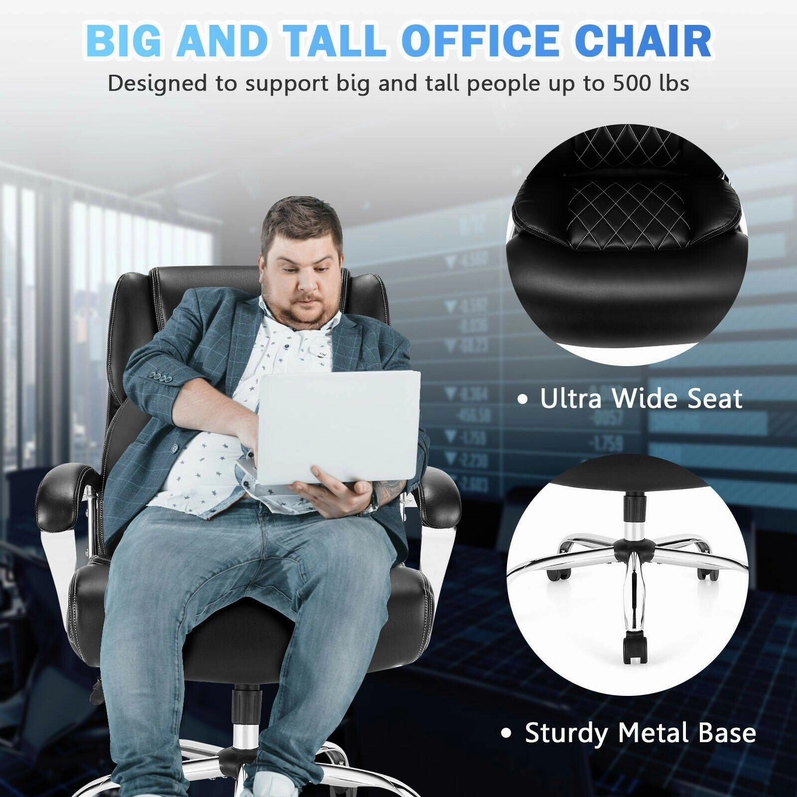500 LBS Leather Office Chair, Height Adjustable Big and Tall Executive Chair