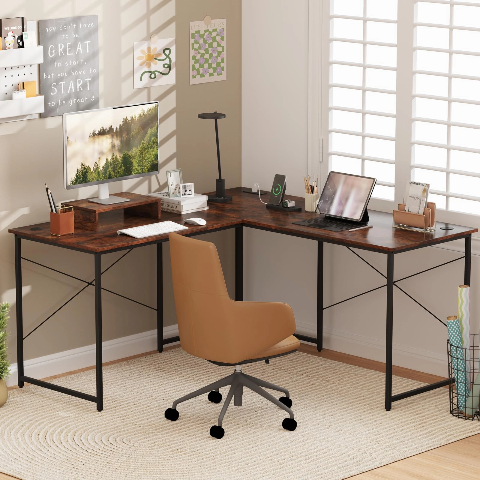 59 Inch Reversible Corner Desk with Power Outlet and USB Ports & Monitor Stand