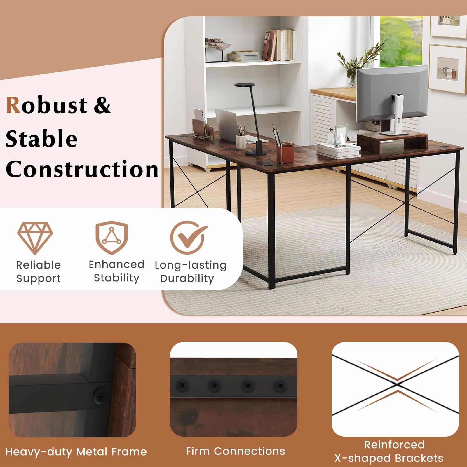 59 Inch Reversible Corner Desk with Power Outlet and USB Ports & Monitor Stand