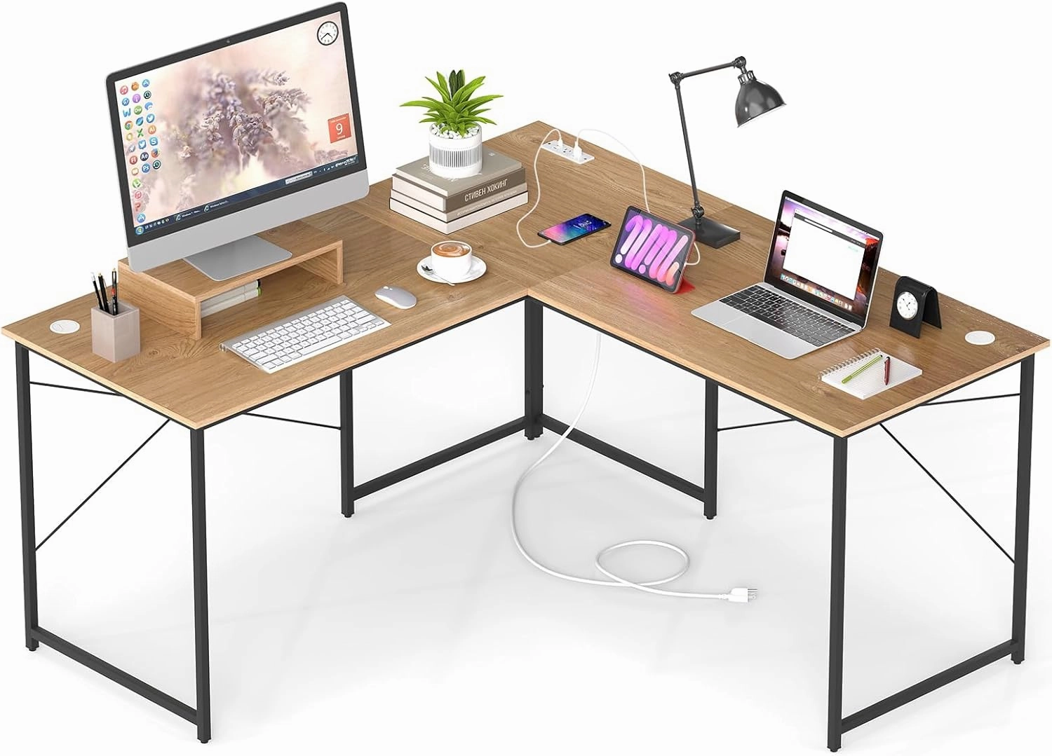 59 Inch Reversible Corner Desk with Power Outlet and USB Ports & Monitor Stand