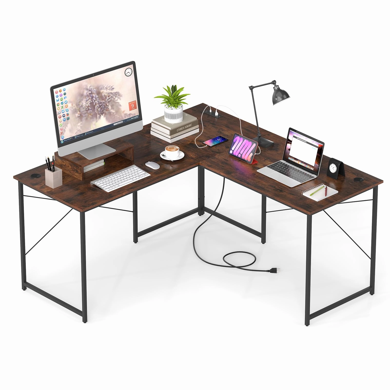 59 Inch Reversible Corner Desk with Power Outlet and USB Ports & Monitor Stand patio decor, garden accessories