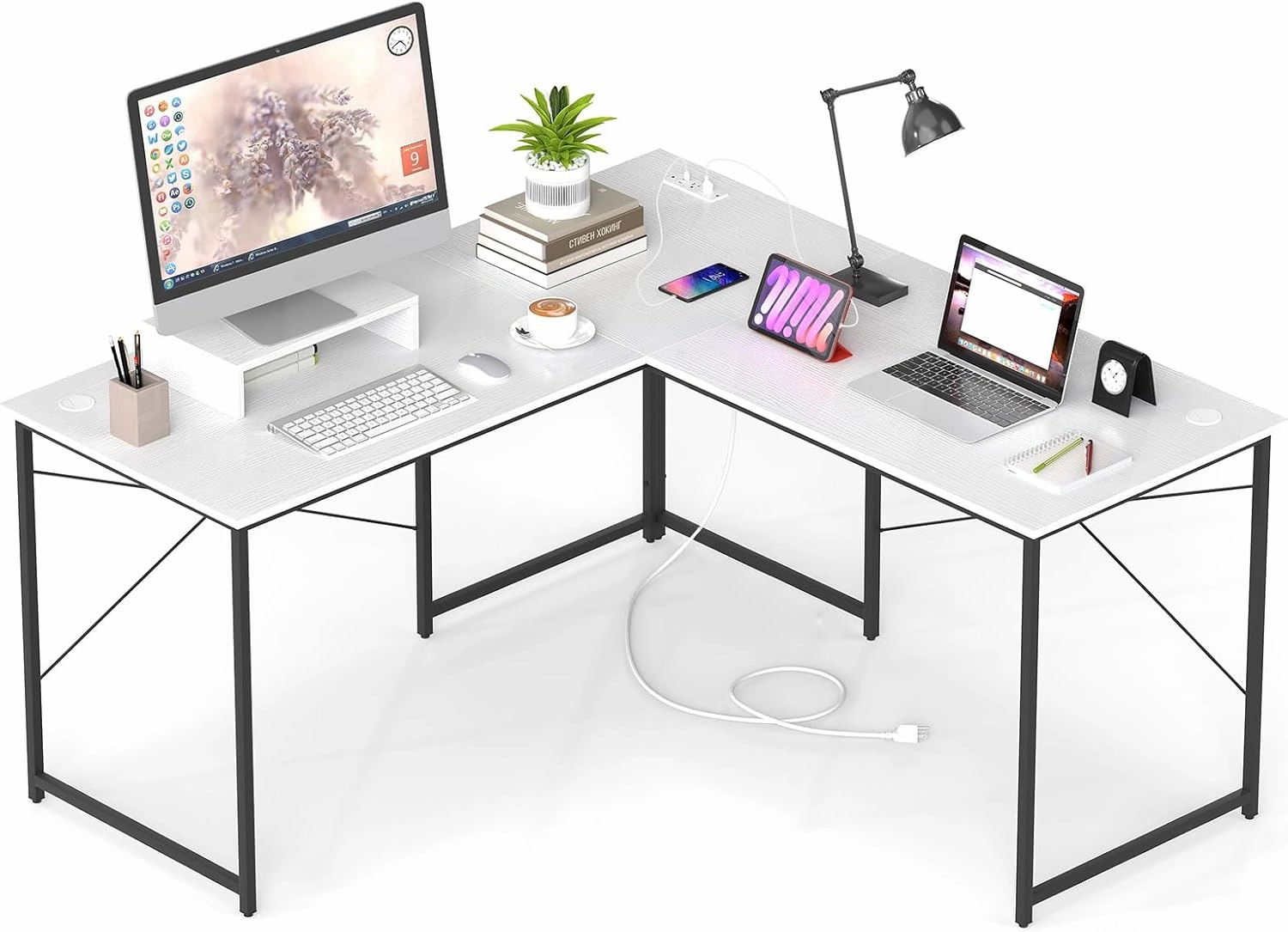 59 Inch Reversible Corner Desk with Power Outlet and USB Ports & Monitor Stand
