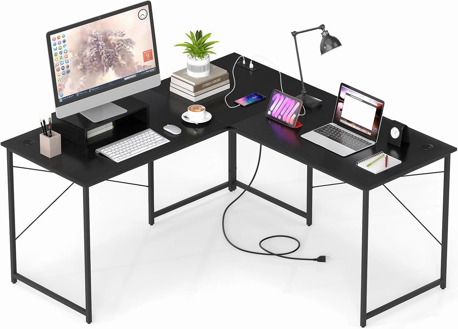 59 Inch Reversible Corner Desk with Power Outlet and USB Ports & Monitor Stand