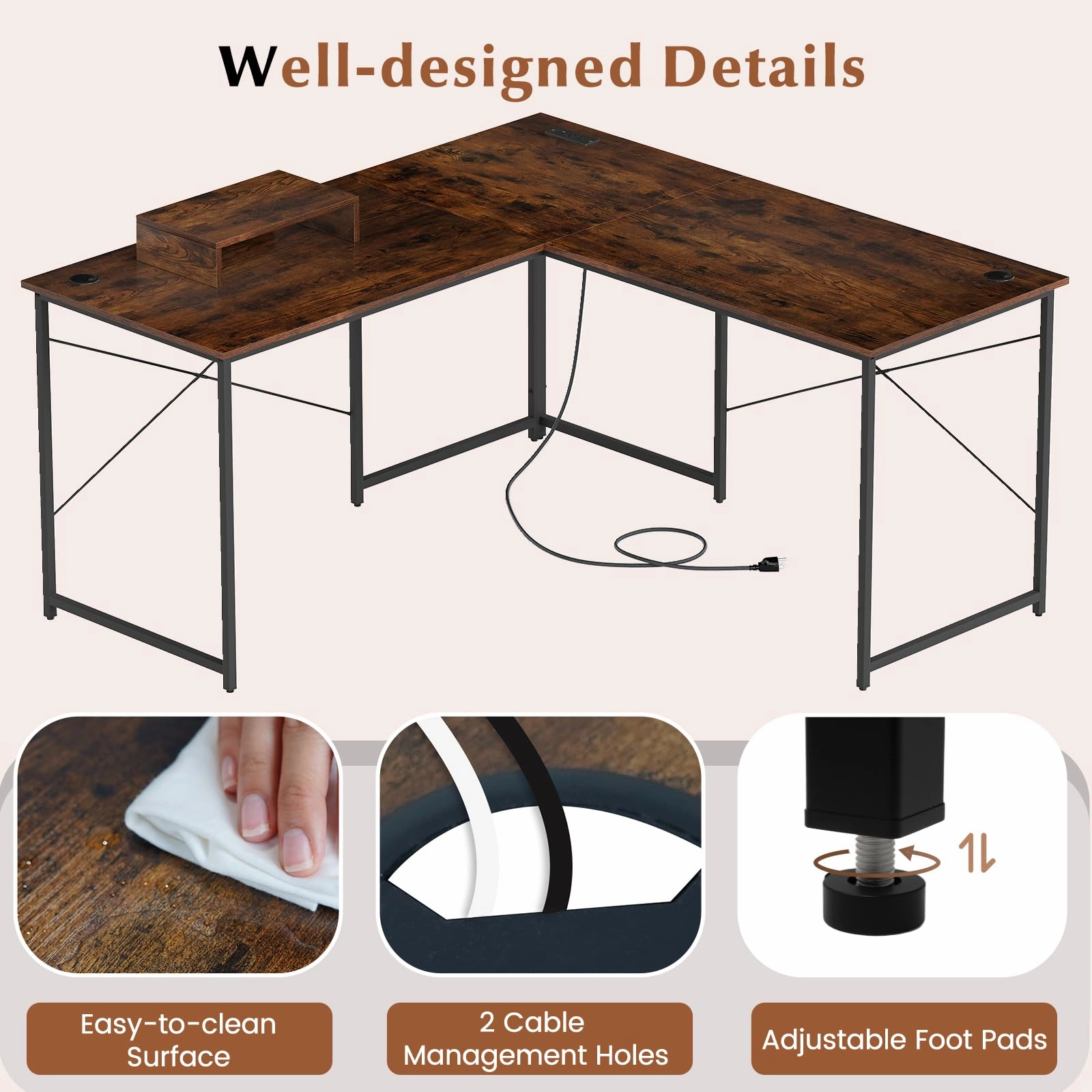 59 Inch Reversible Corner Desk with Power Outlet and USB Ports & Monitor Stand