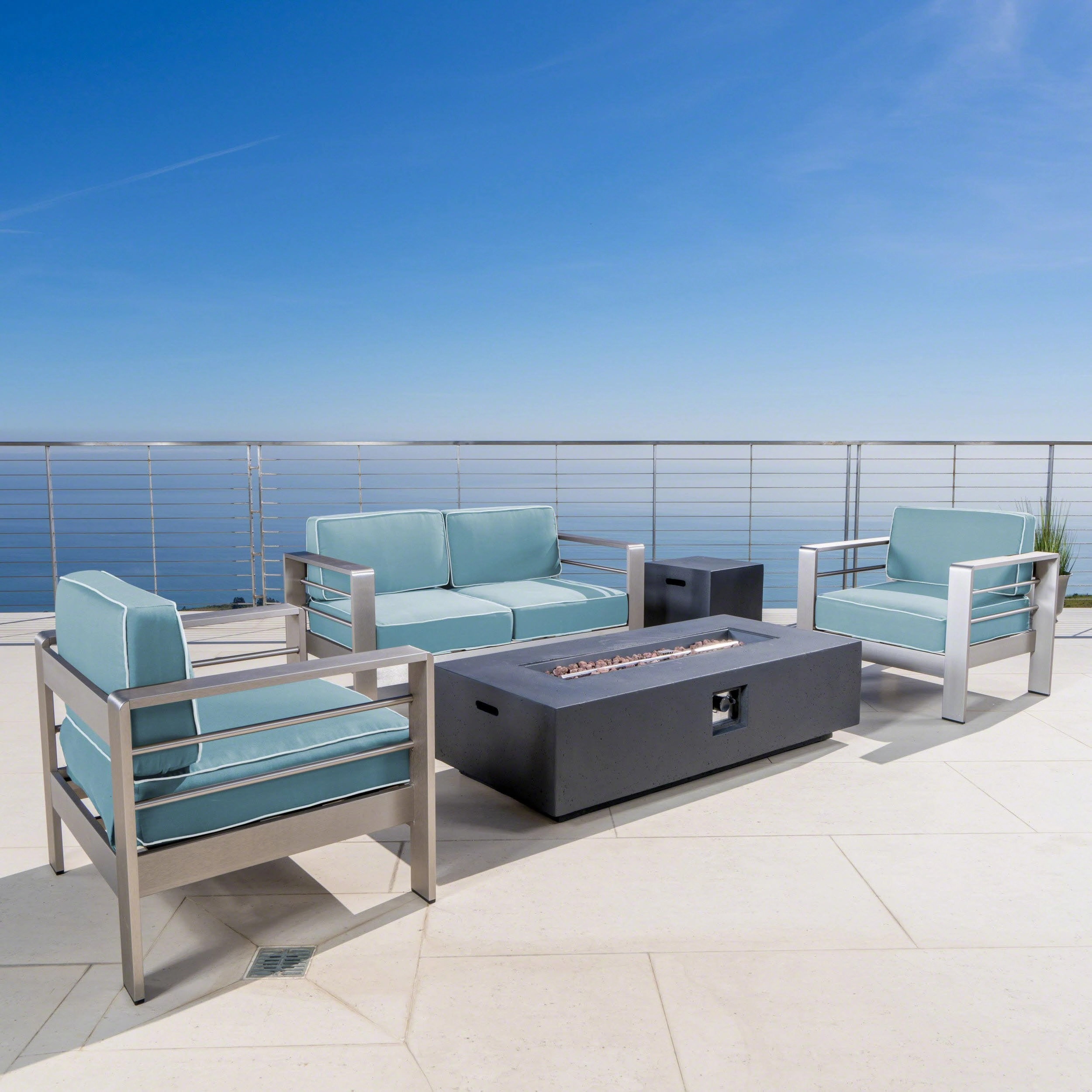 5 Piece Aluminum Chat Set with Water Resistant Cushions and Fire Pit - NH042303 outdoor furniture, garden bench
