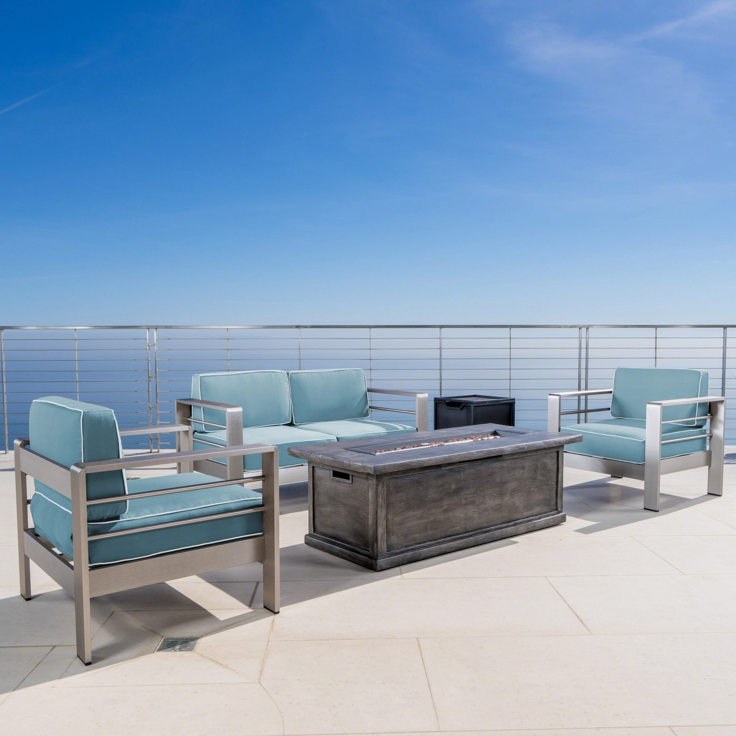 5 Piece Aluminum Chat Set with Water Resistant Cushions and Fire Pit - NH242303 outdoor furniture, garden bench