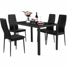 5 Piece Kitchen Dining Table Set with Glass Table Top Leather Padded 4 Chairs (Black) kitchen towel, placemats