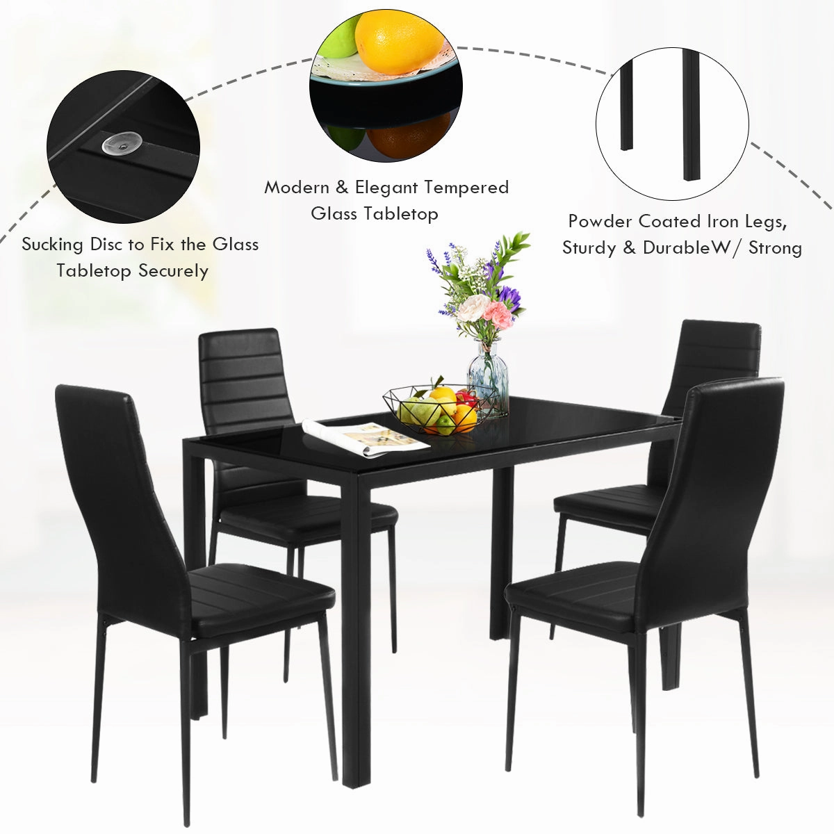 5 Piece Kitchen Dining Table Set with Glass Table Top Leather Padded 4 Chairs (Black)