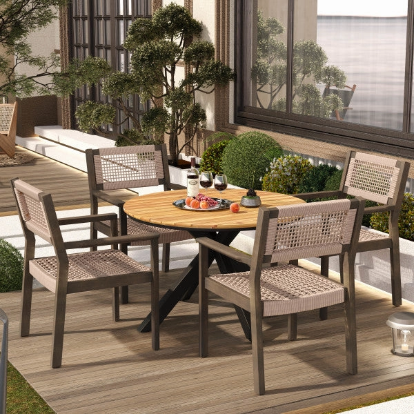 5Pcs Outdoor Patio Dining Set, Rope Weave Chairs & Metal Frame Table