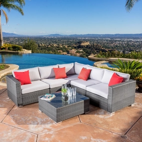 6pc Outdoor Grey Wicker Seating Sectional Set w/ Cushions - NH044692 outdoor furniture, garden bench