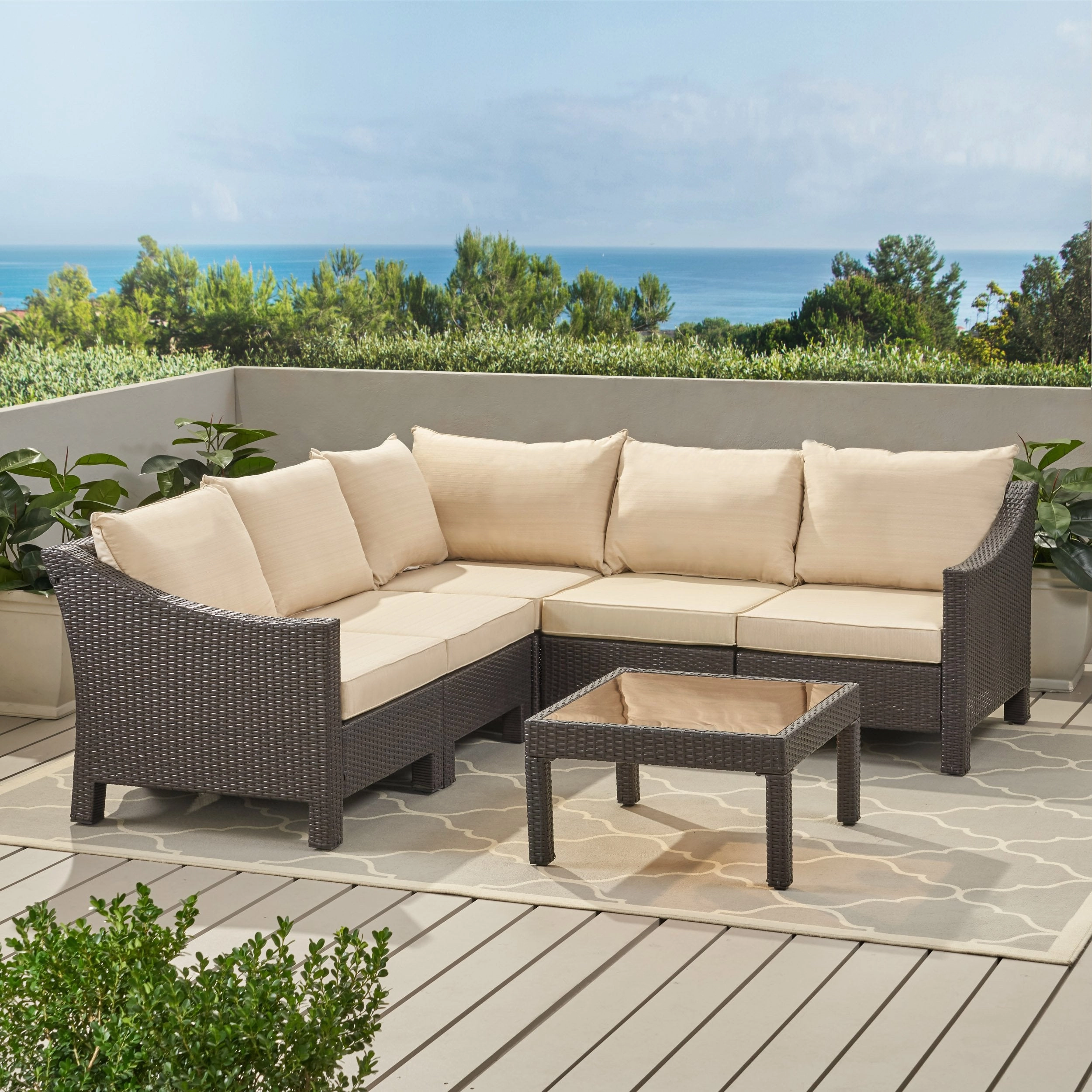 6pc Outdoor Wicker V-shaped Sectional Sofa Set w/ Cushions - NH390003 outdoor furniture, garden bench