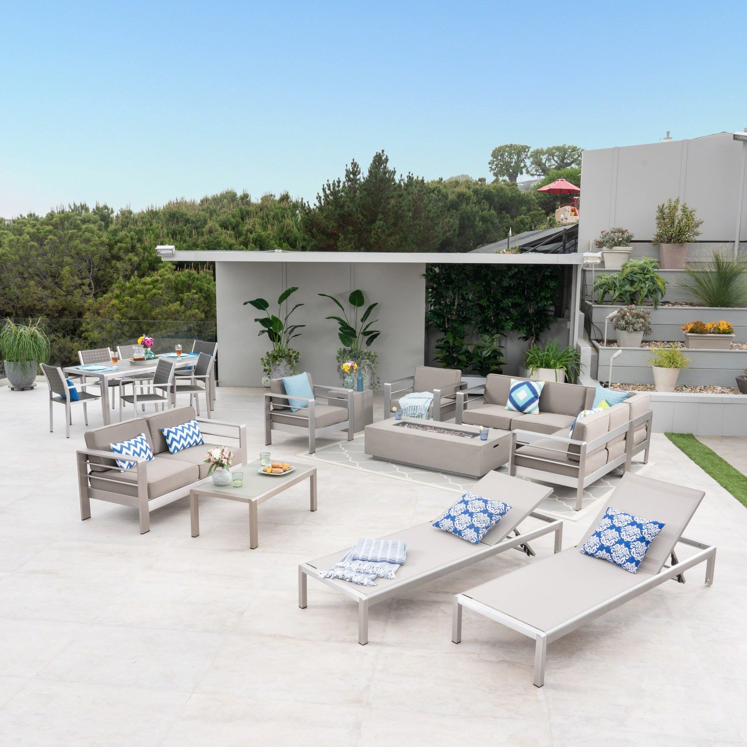 7 Piece Dining Set   Sofa Set   4pc Chat Set   Dark Gray Fire Pit   2 Chaise Lounges - NH587503