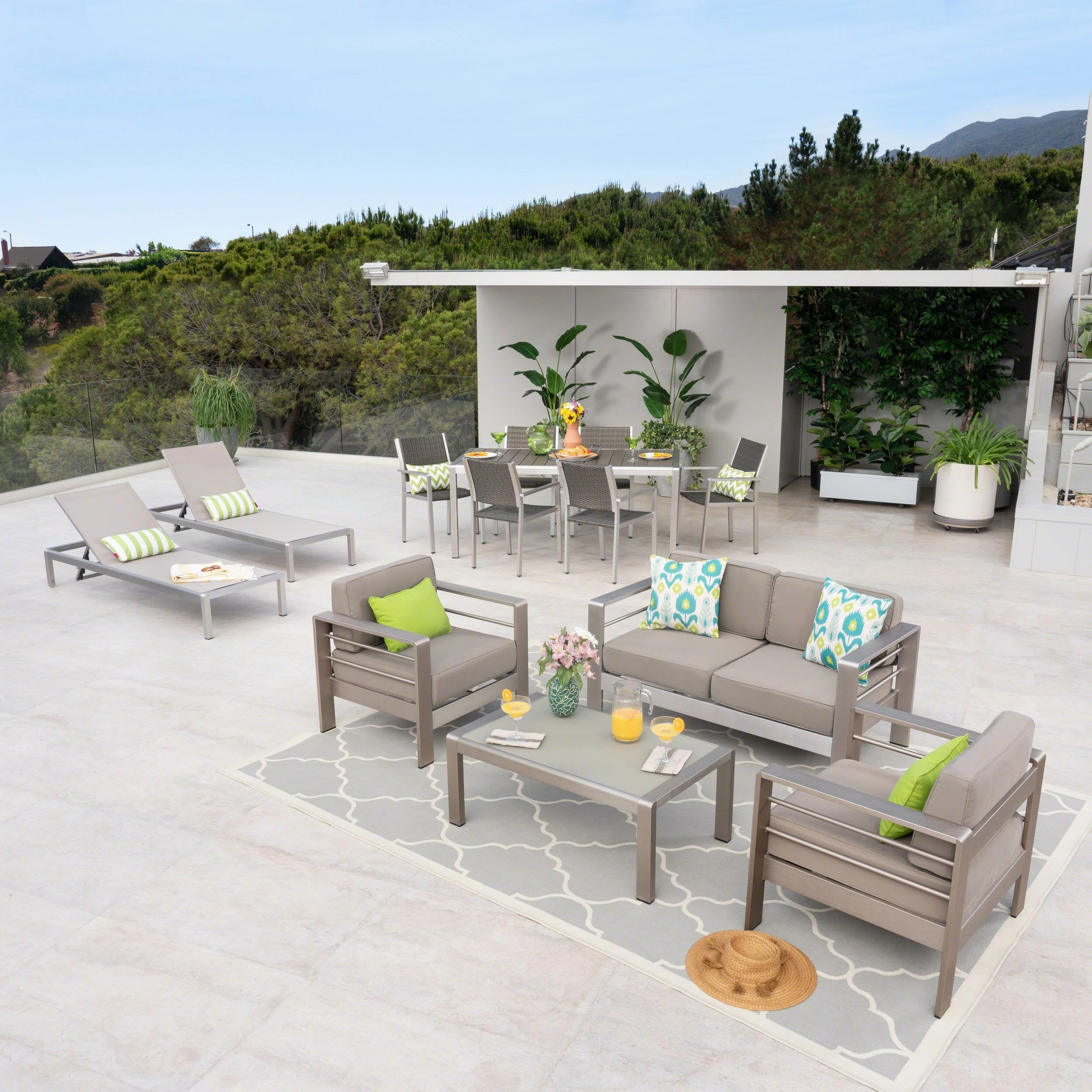 7 Piece Dining Set with Faux Wood   4pc Chat Set   2 Chaise Lounges - NH790603 outdoor lounge chair, patio sofa