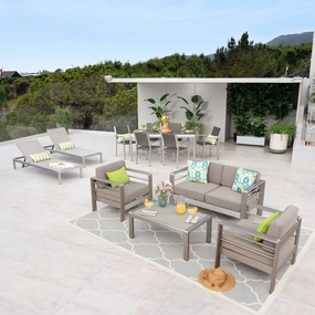 7 Piece Dining Set with Faux Wood   4pc Chat Set   2 Chaise Lounges - NH790603 outdoor lounge chair, patio sofa