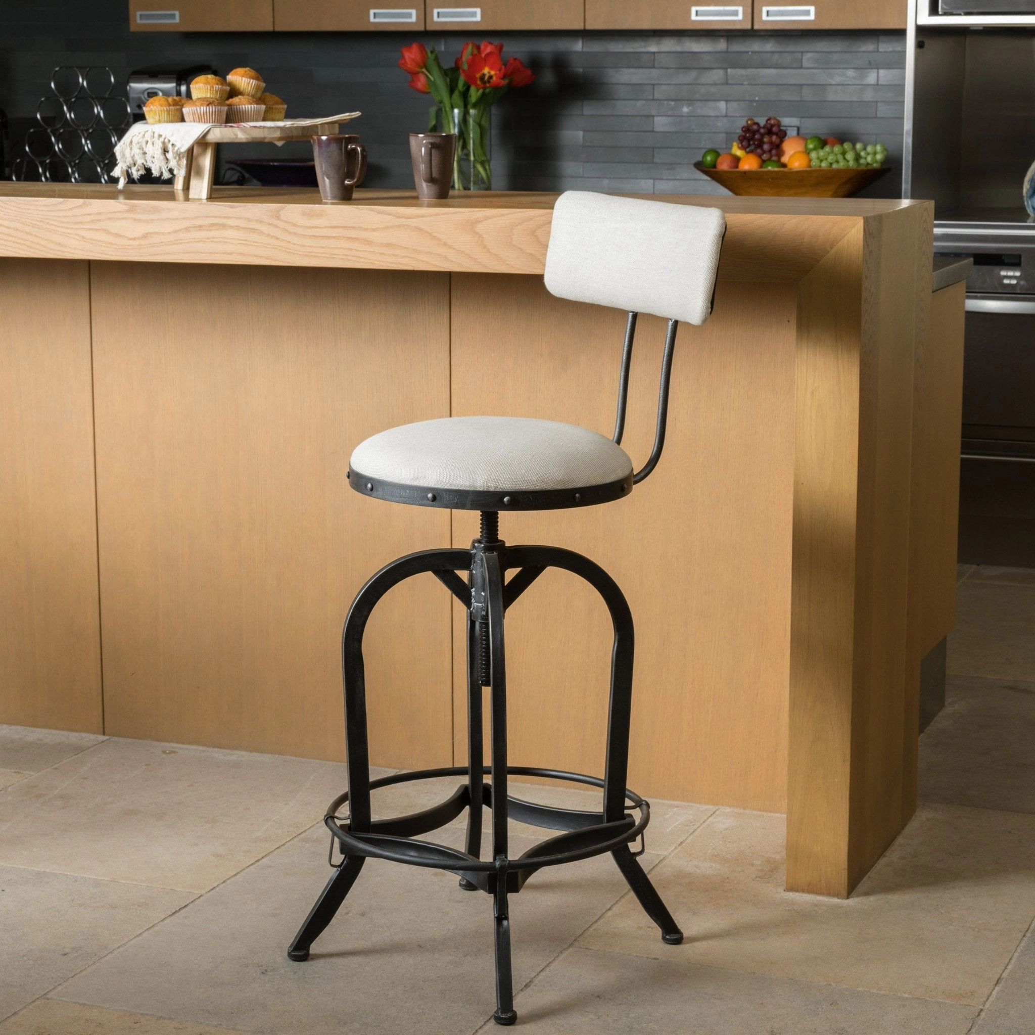 Adjustable Fabric Off-White Swivel Barstool w/ Backrest - NH729692 kitchen accessories, table linens