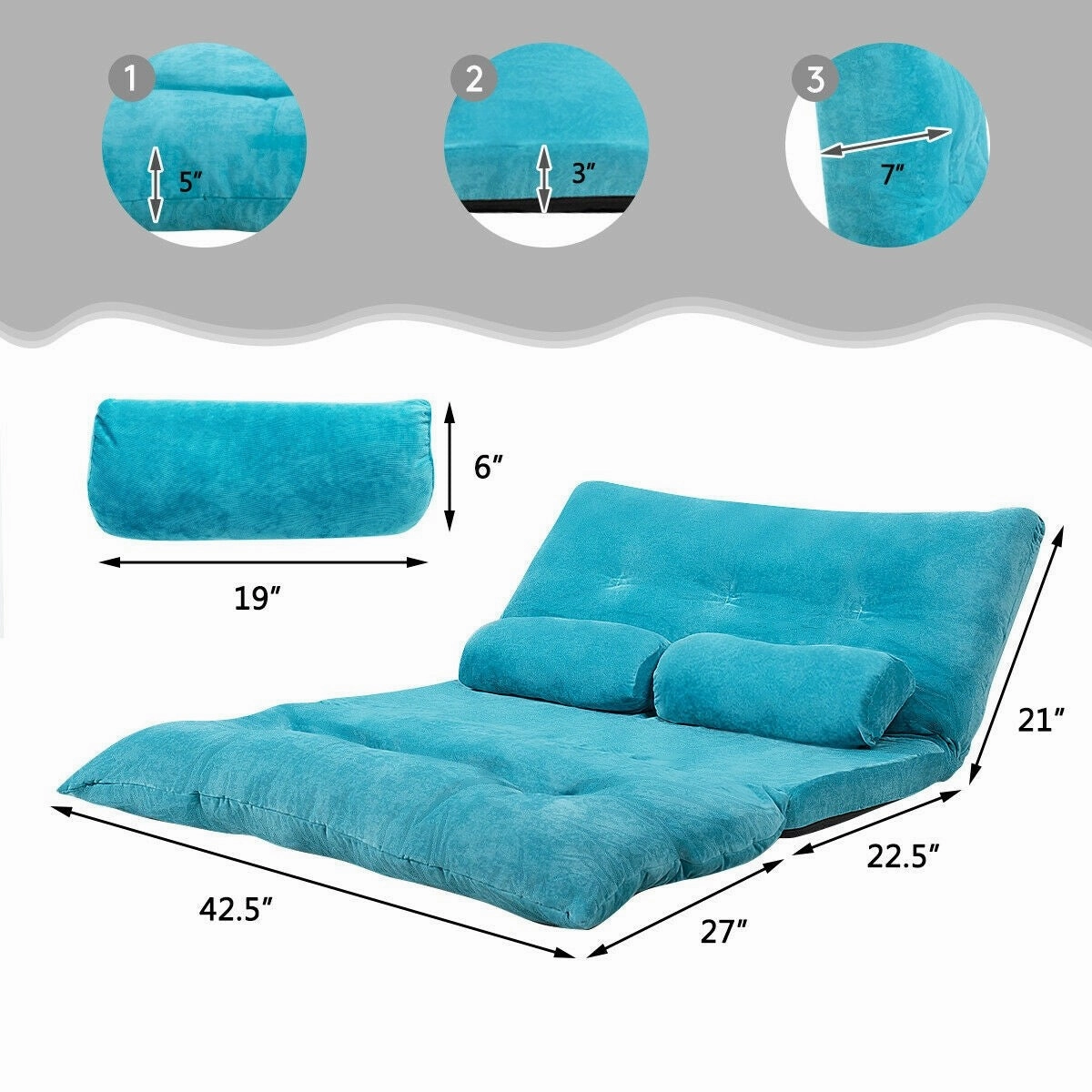 Adjustable Floor Sofa Couch with 2 Pillows, Multi-Functional 6-Position Foldable Lazy Sofa Sleeper Bed