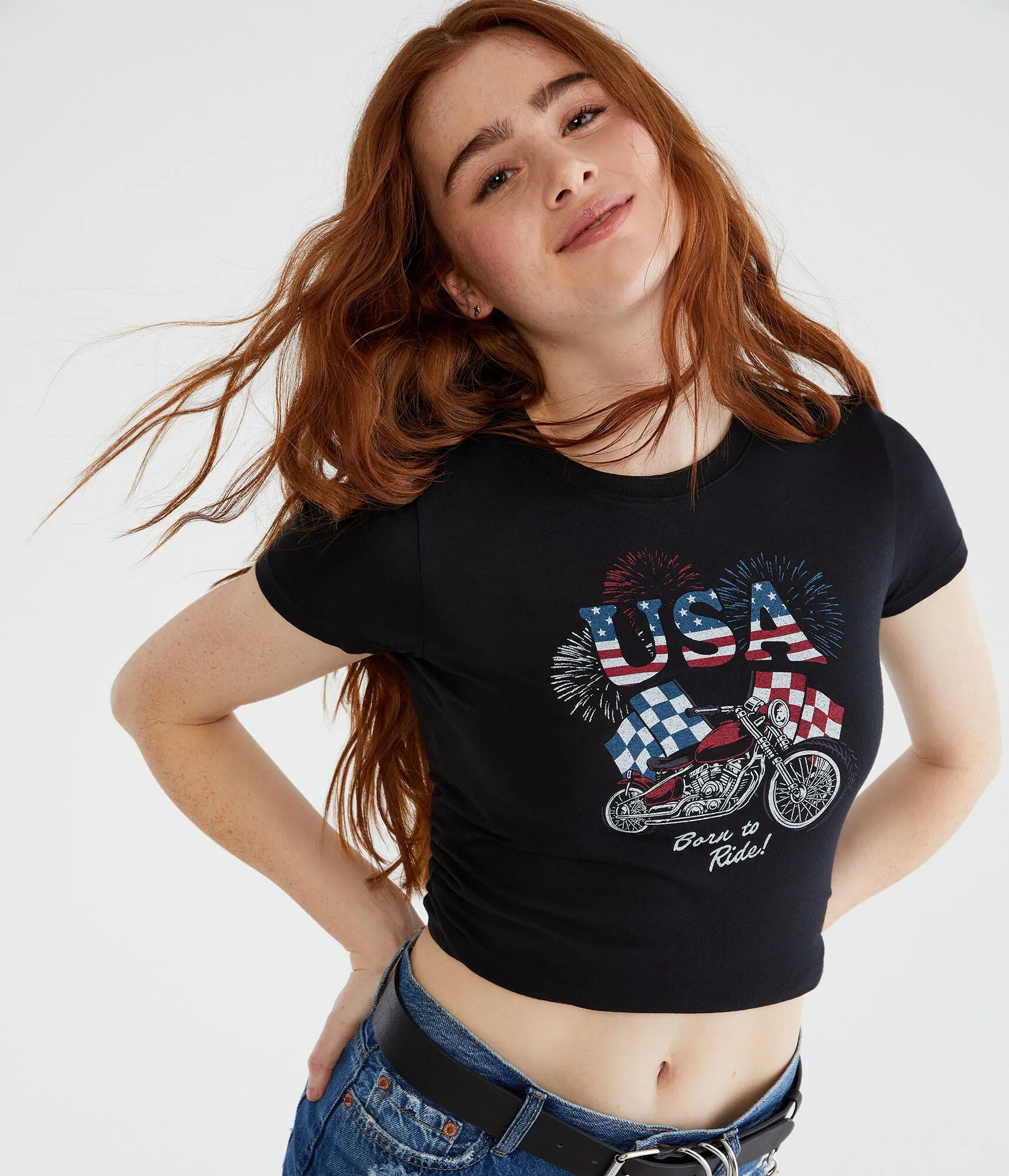 Aeropostale Womens' Born To Ride Motorcycle Graphic Tee -  - Size XL - Cotton - Teen Fashion & Clothing Black Aeropostale