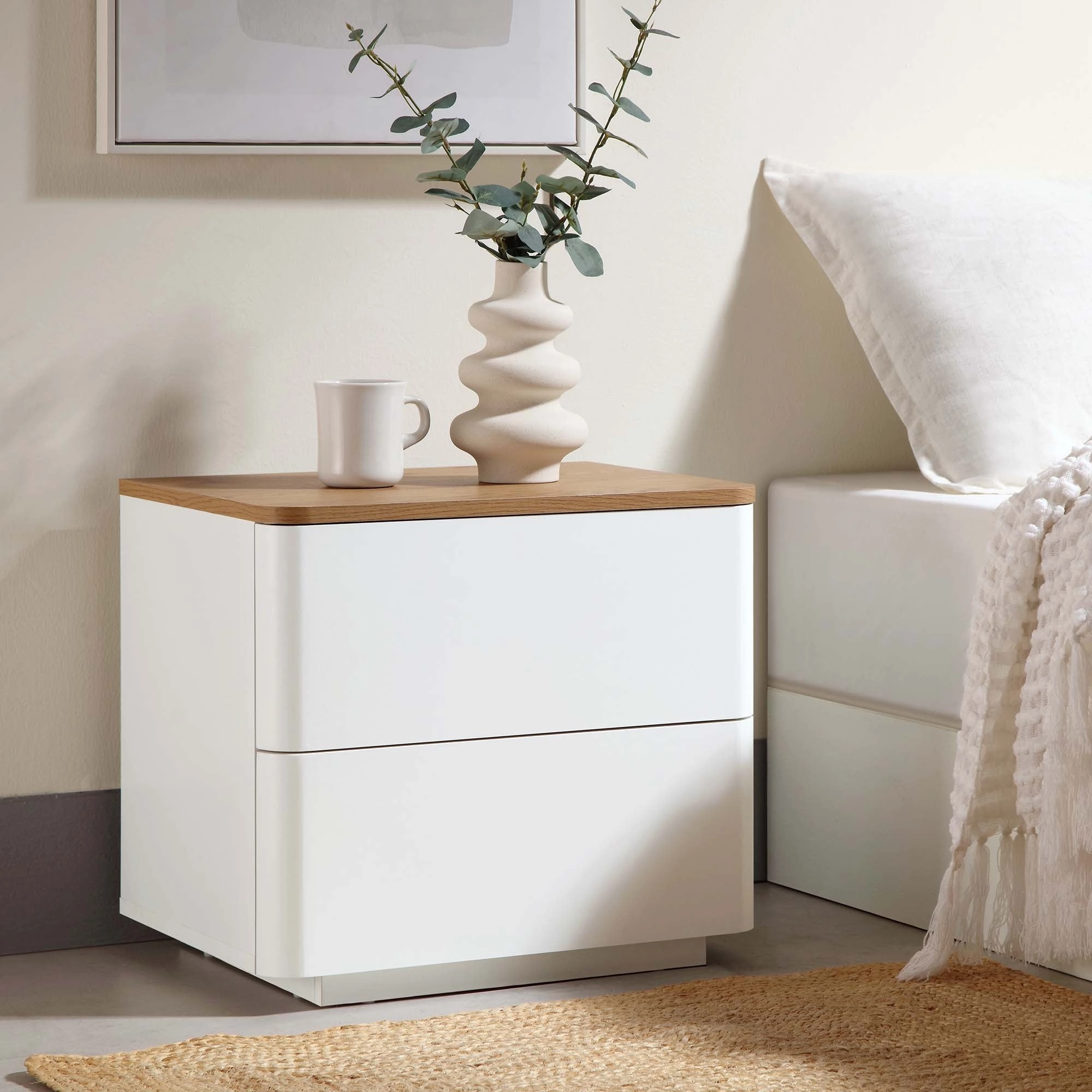 Agnes Curved Edge 2 Drawer Bedside Table, White