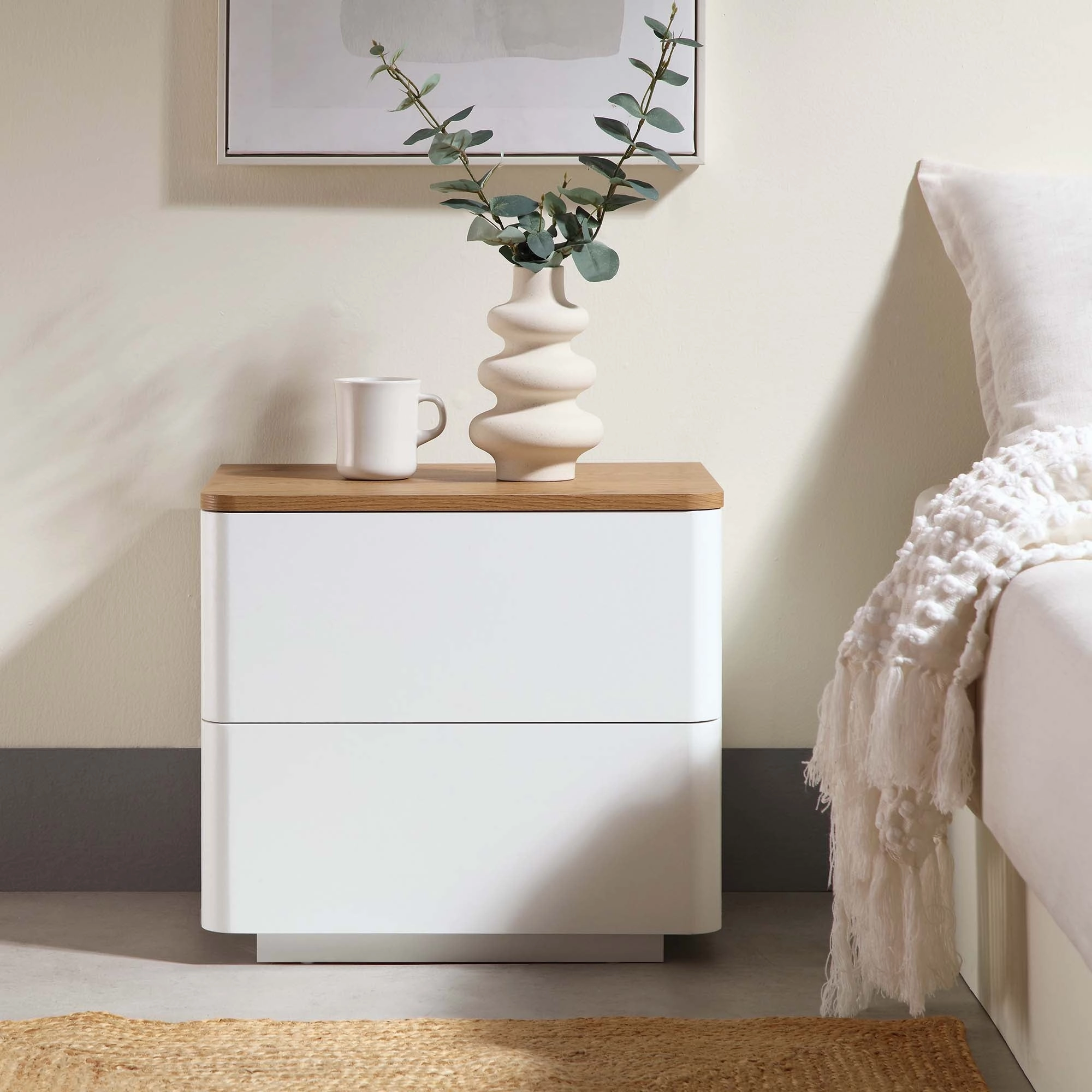 Agnes Curved Edge 2 Drawer Bedside Table, White