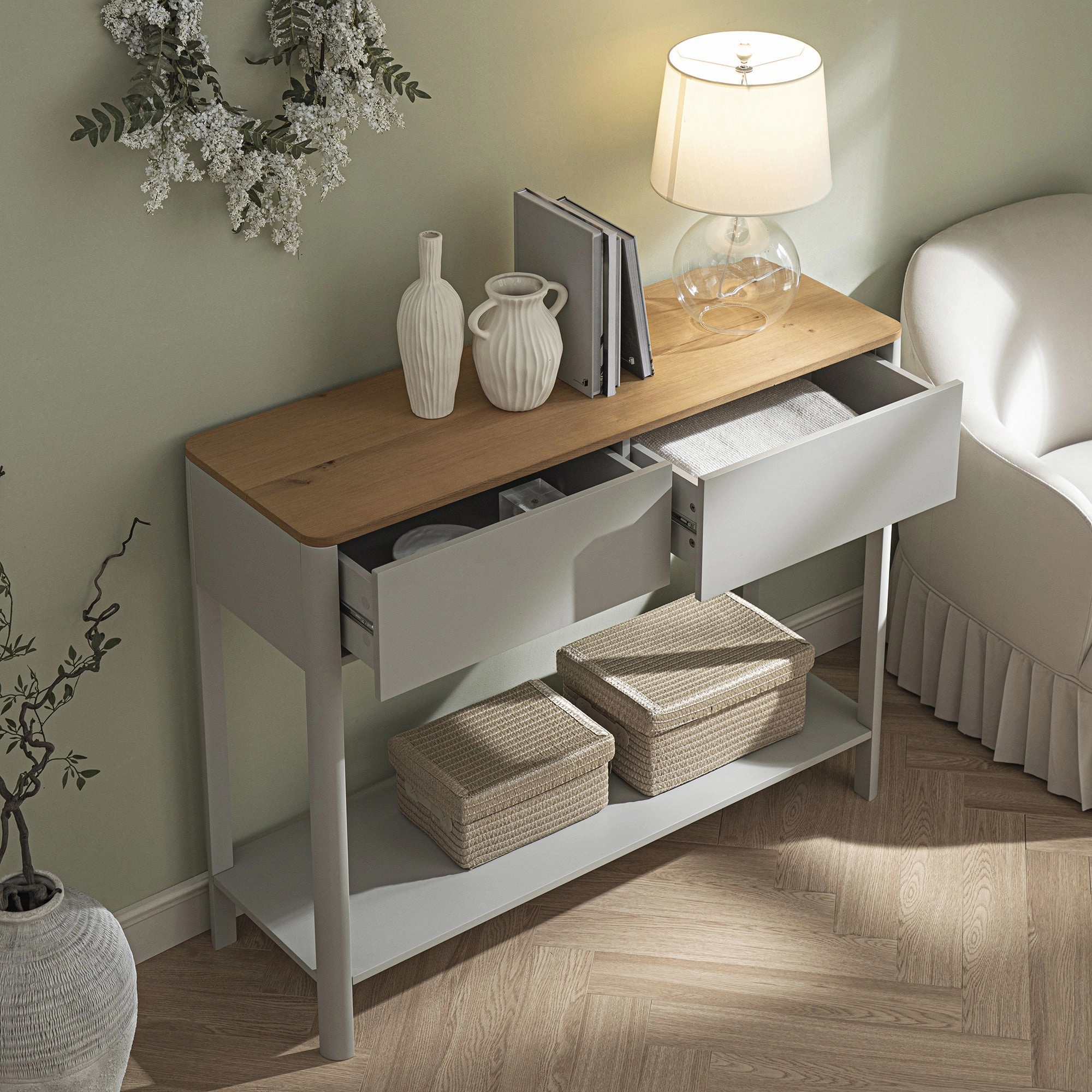 Agnes Curved Edge 2 Drawer Console Table, Dove Grey with Oak Top