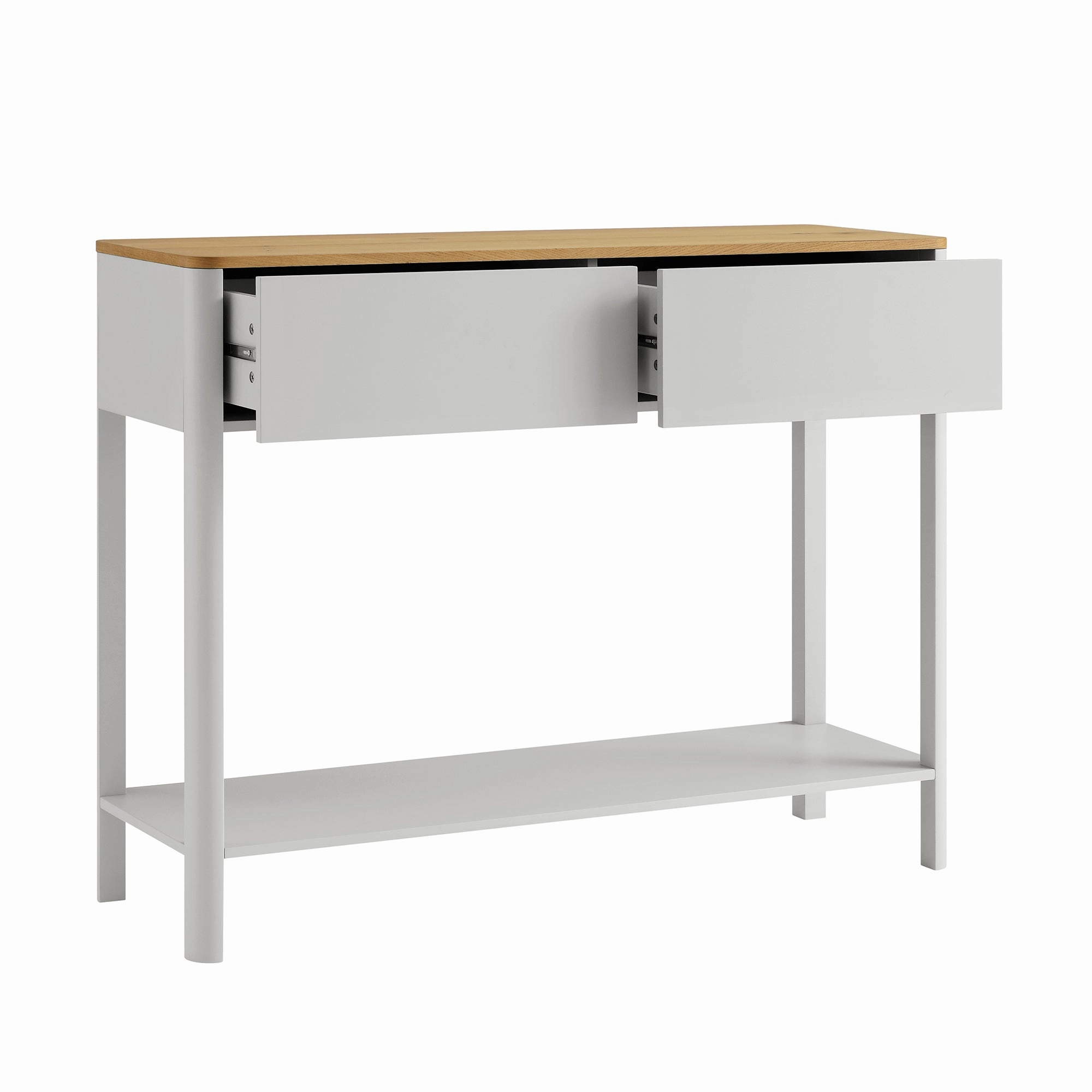 Agnes Curved Edge 2 Drawer Console Table, Dove Grey with Oak Top