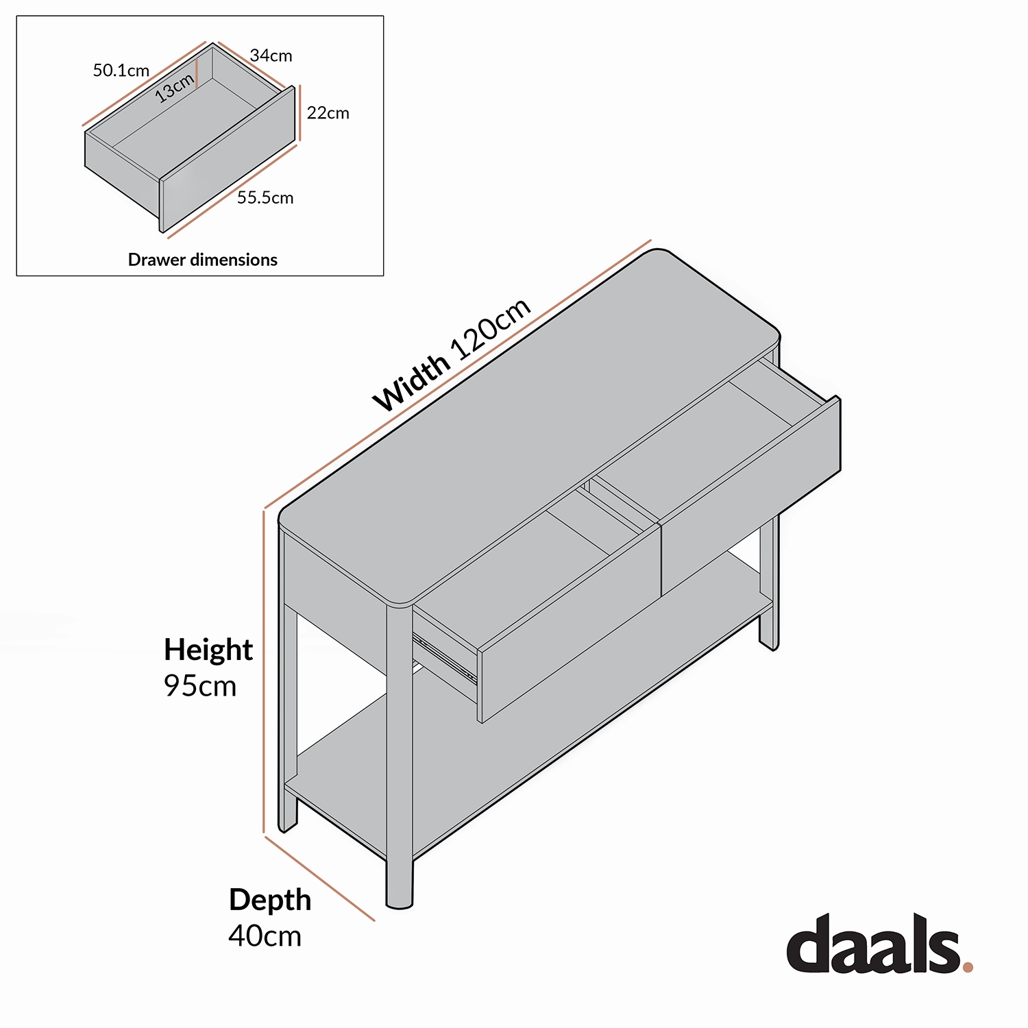 Agnes Curved Edge 2 Drawer Console Table, Off White with Oak Top