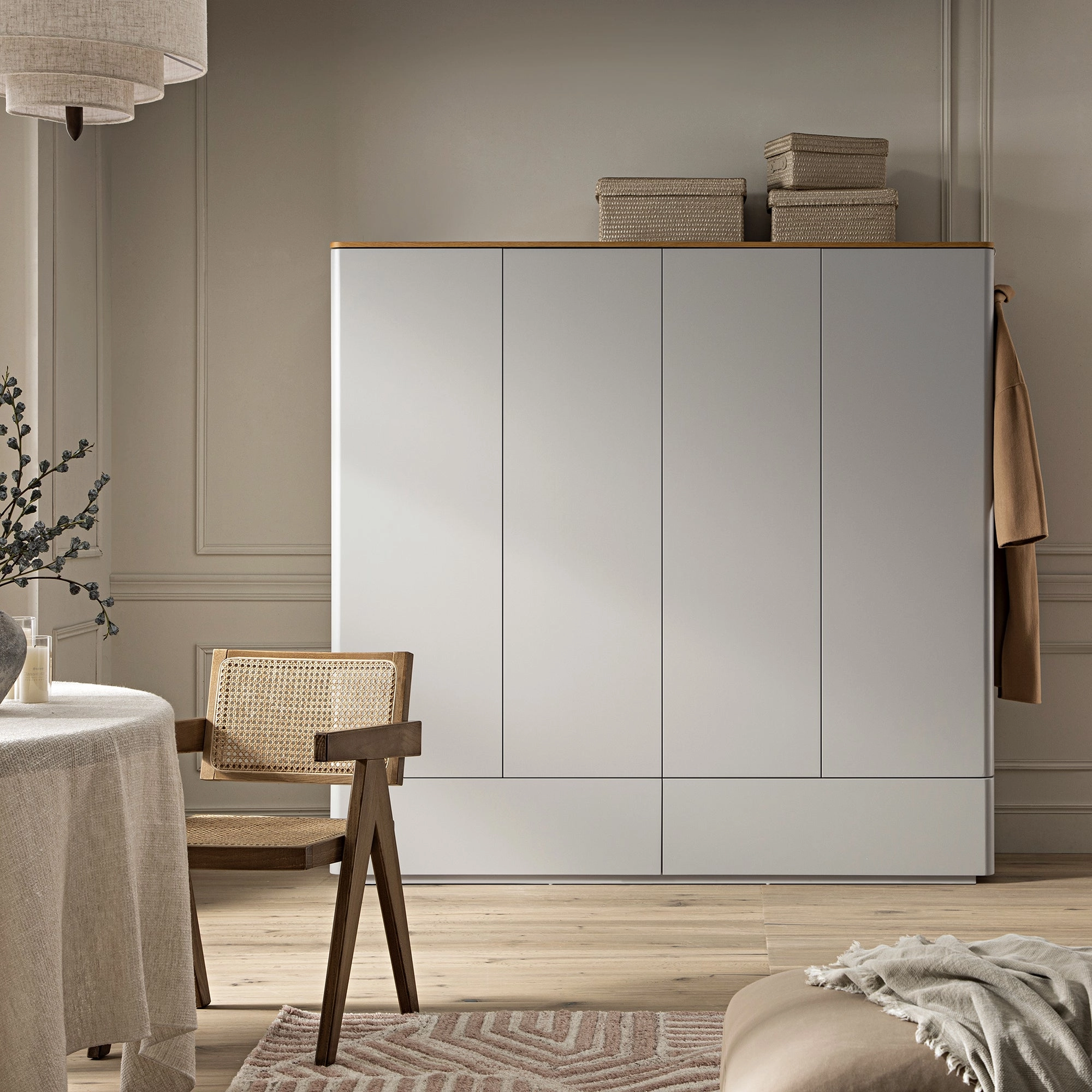 Agnes Curved Edge 4-Door Wardrobe, Dove Grey with Oak Top