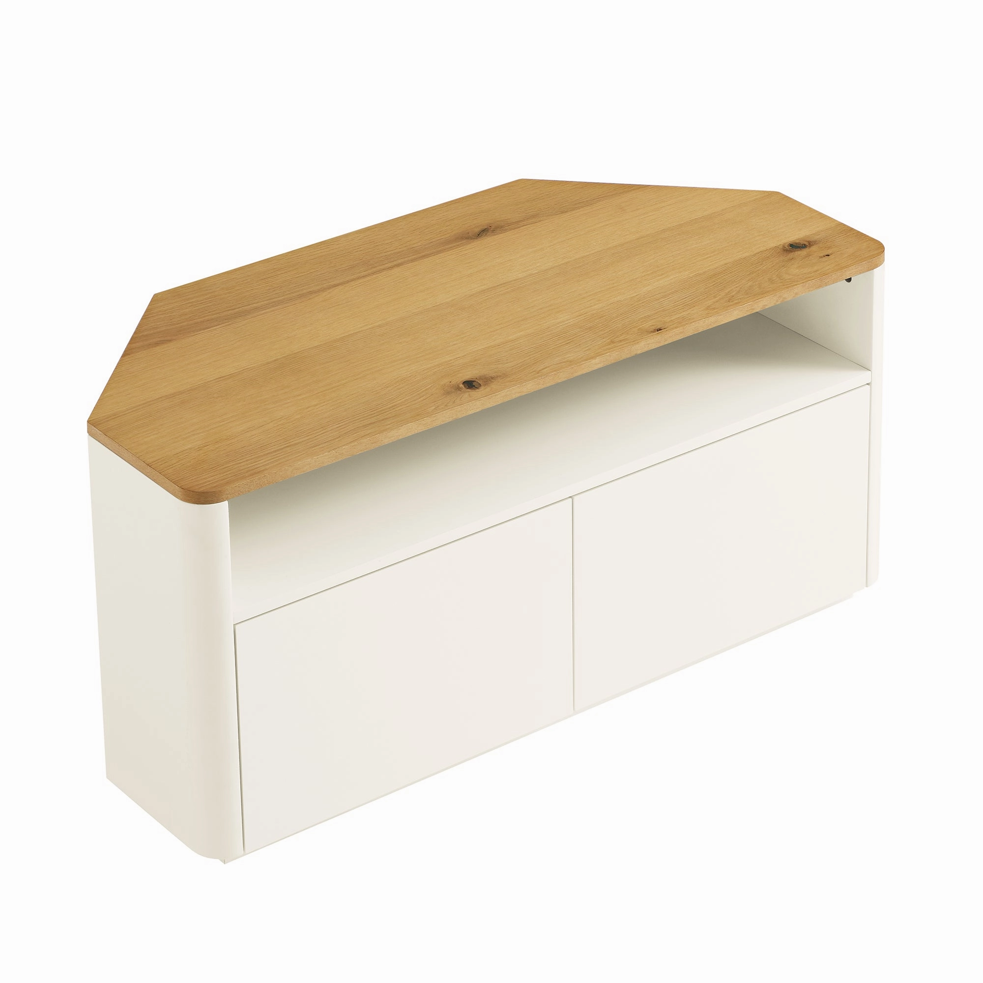 Agnes Curved Edge Corner TV Unit, Off White with Oak Top