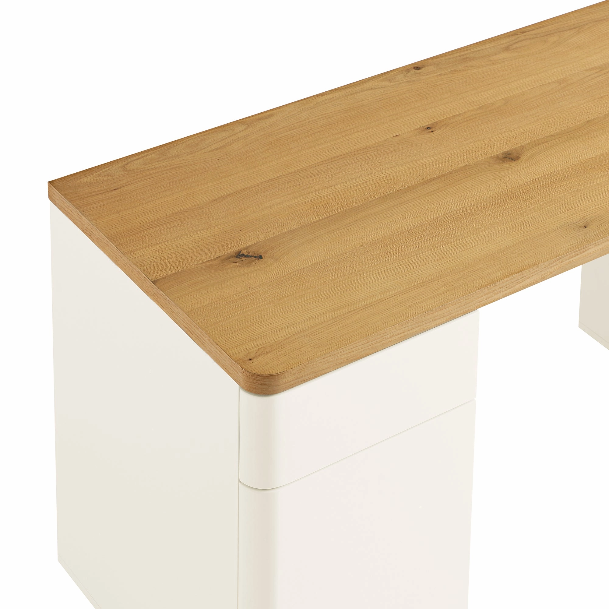 Agnes Curved Edge Desk with Storage, Off White with Oak Top