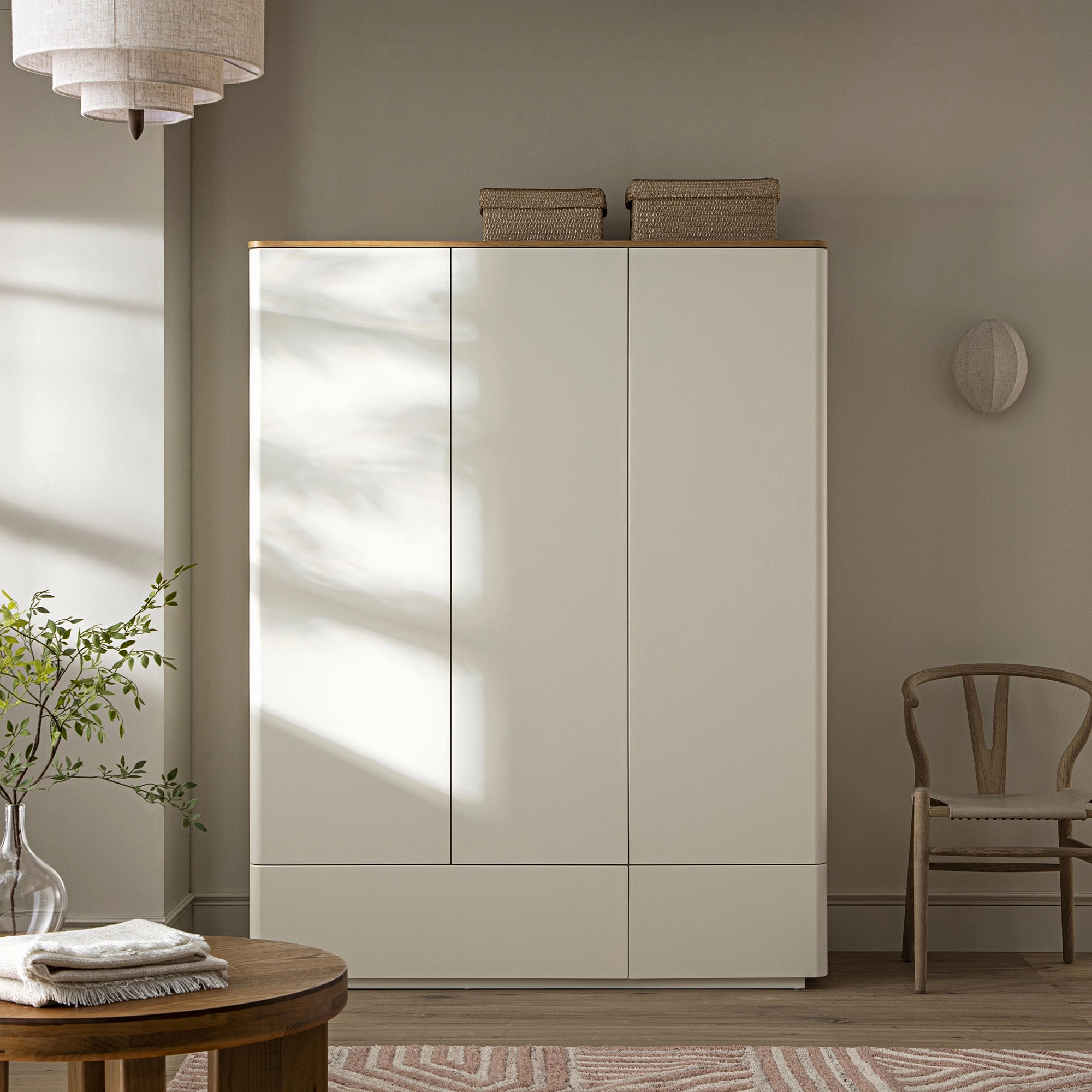 Agnes Curved Edge Triple Wardrobe, Off White with Oak Top