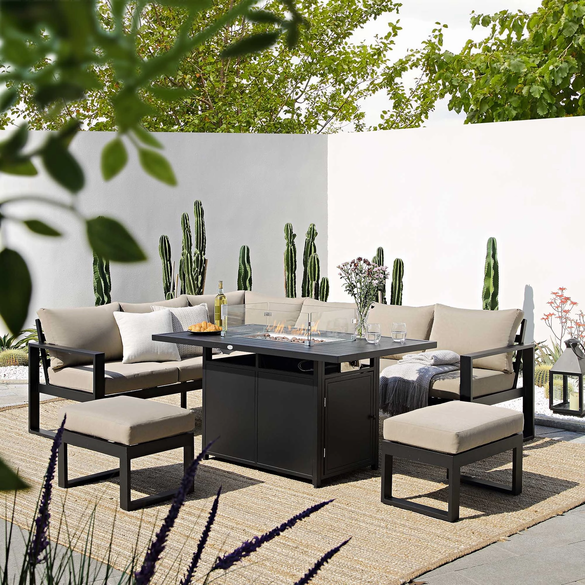 Albany Aluminium Large Corner Casual Dining Set with Firepit Table, Taupe