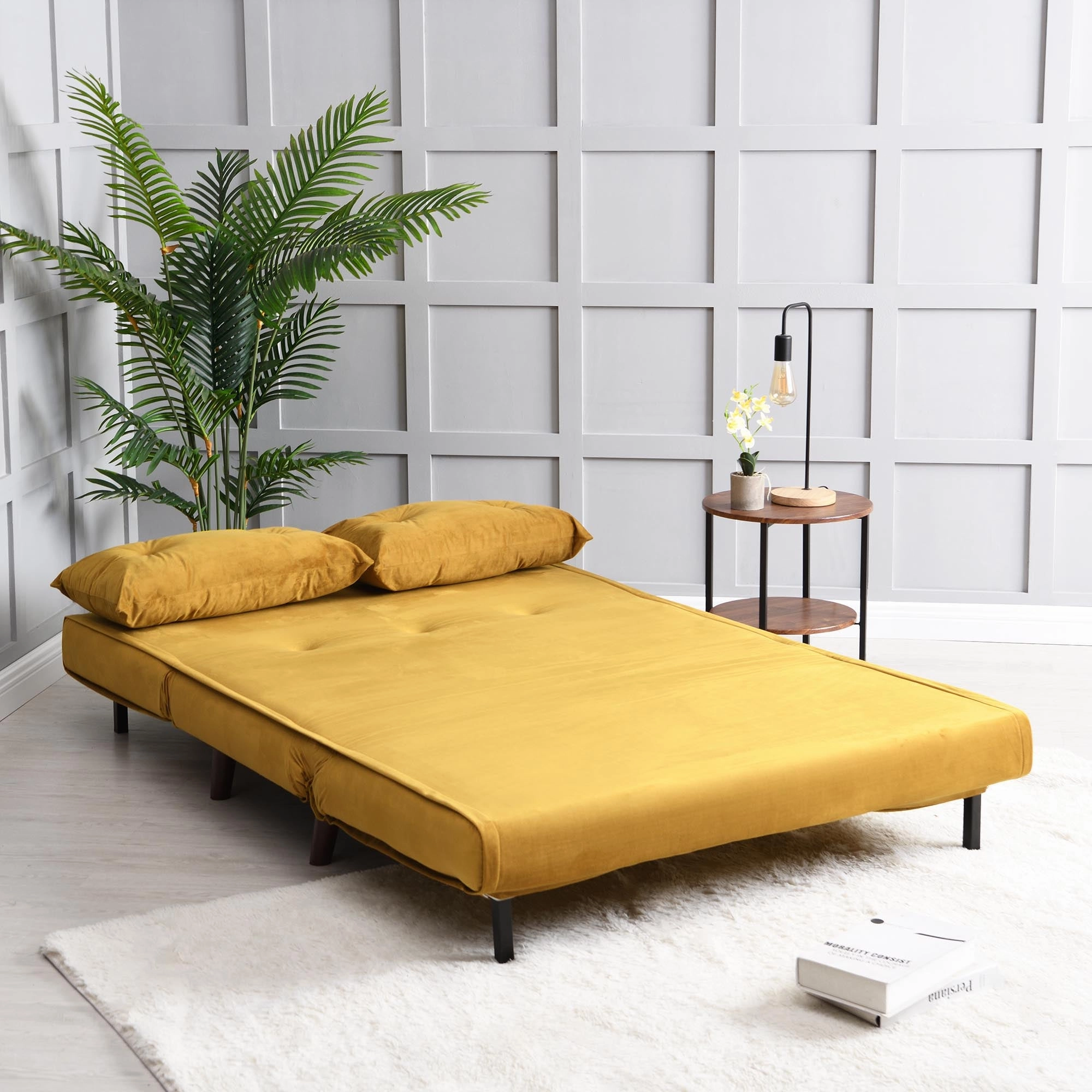 Algo Sofabed with Cushions in Mustard Yellow Velvet 2 Seater
