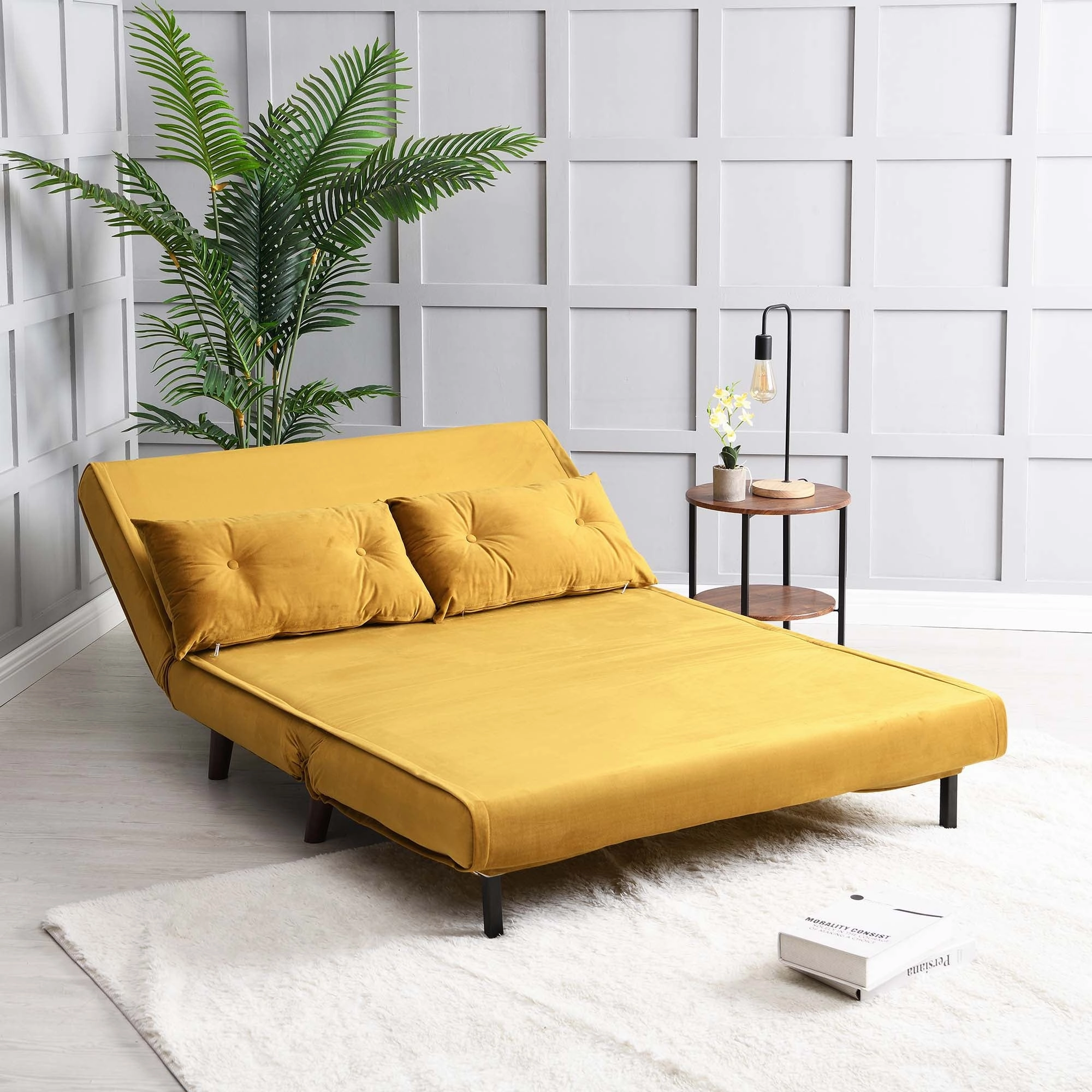 Algo Sofabed with Cushions in Mustard Yellow Velvet 2 Seater