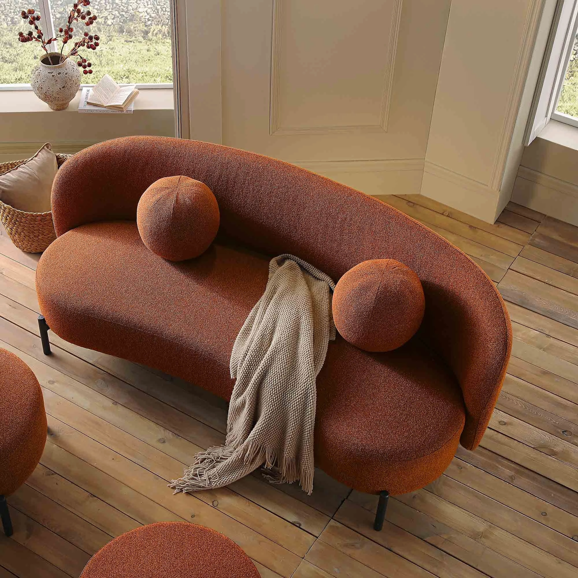 Amboise 3-Seater Curved Sofa with Ball Cushions, Brick Boucle