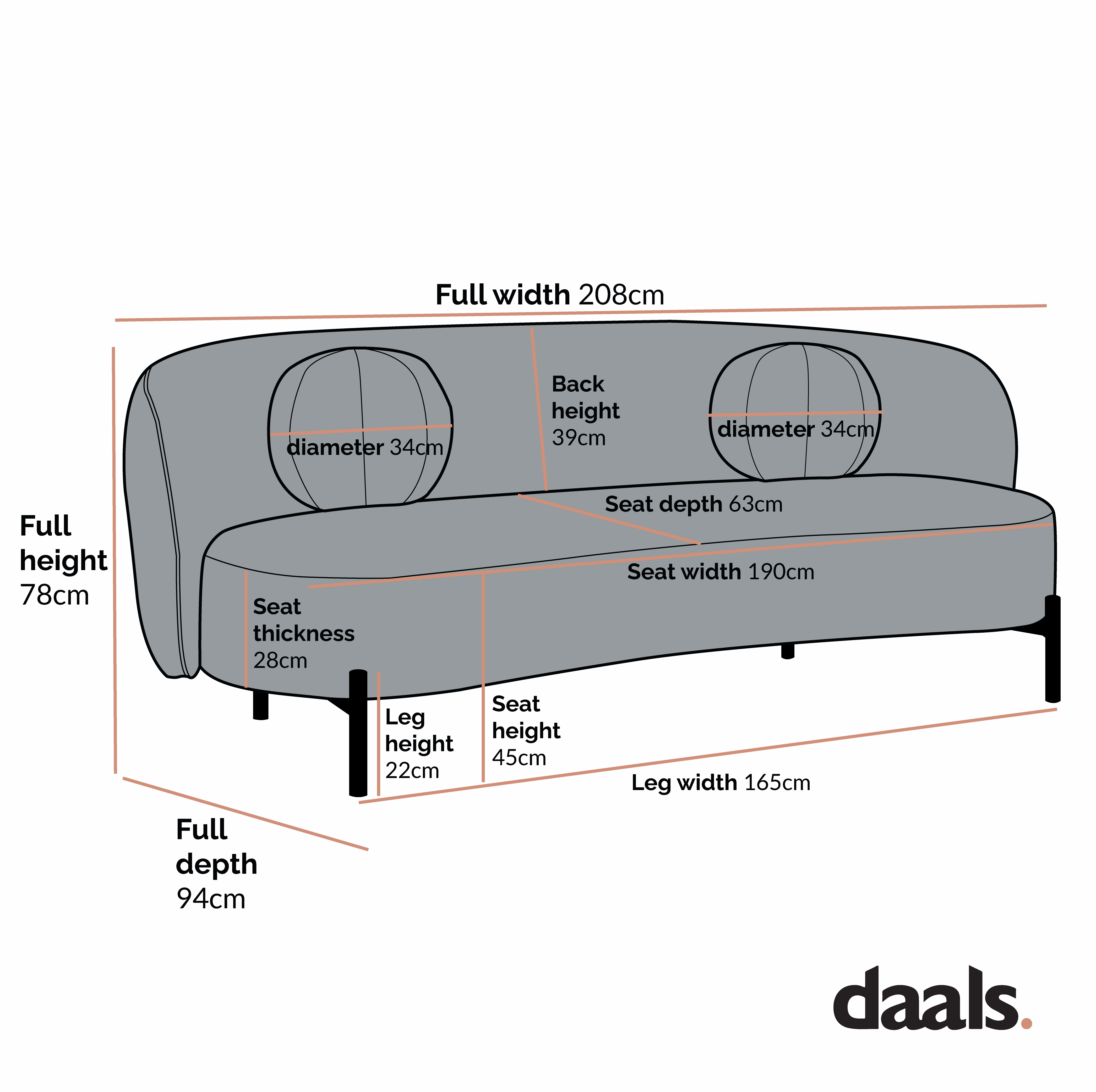 Amboise 3-Seater Curved Sofa with Ball Cushions, Brick Boucle