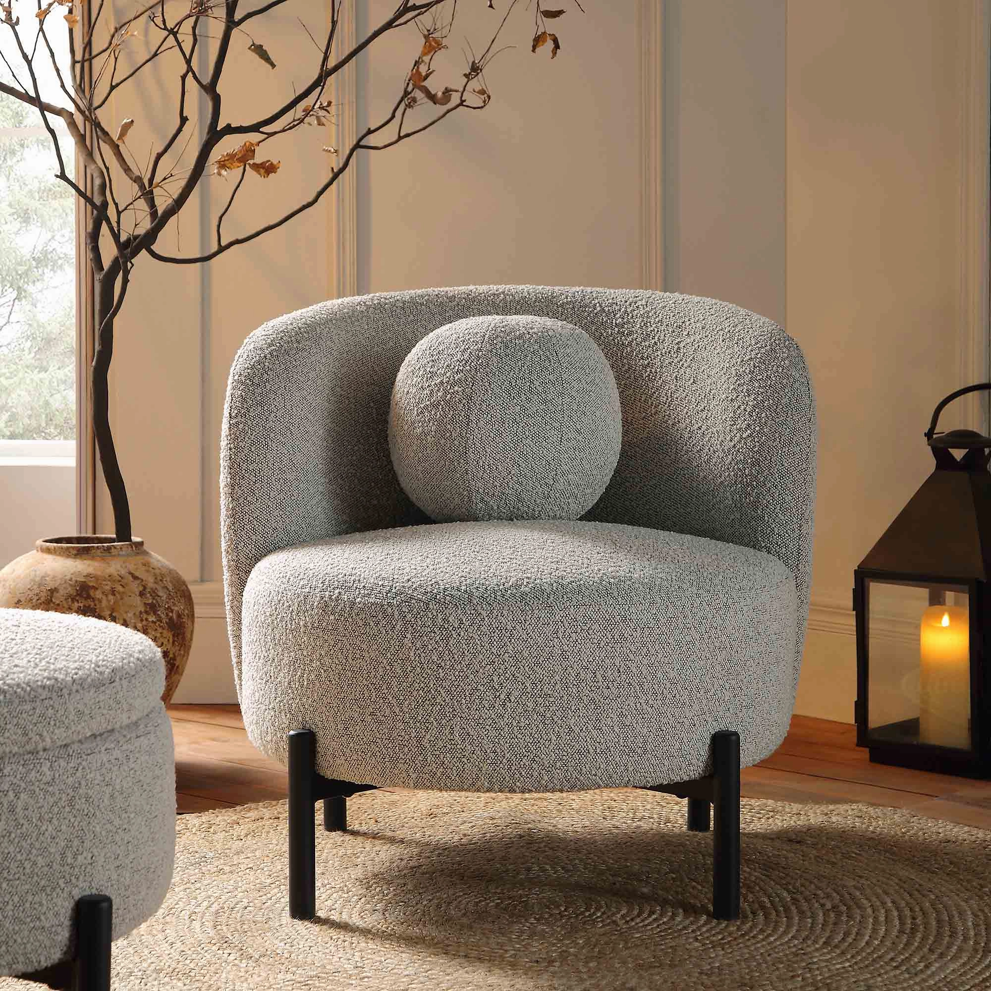 Amboise Armchair with Ball Cushion, Mist Grey Boucle